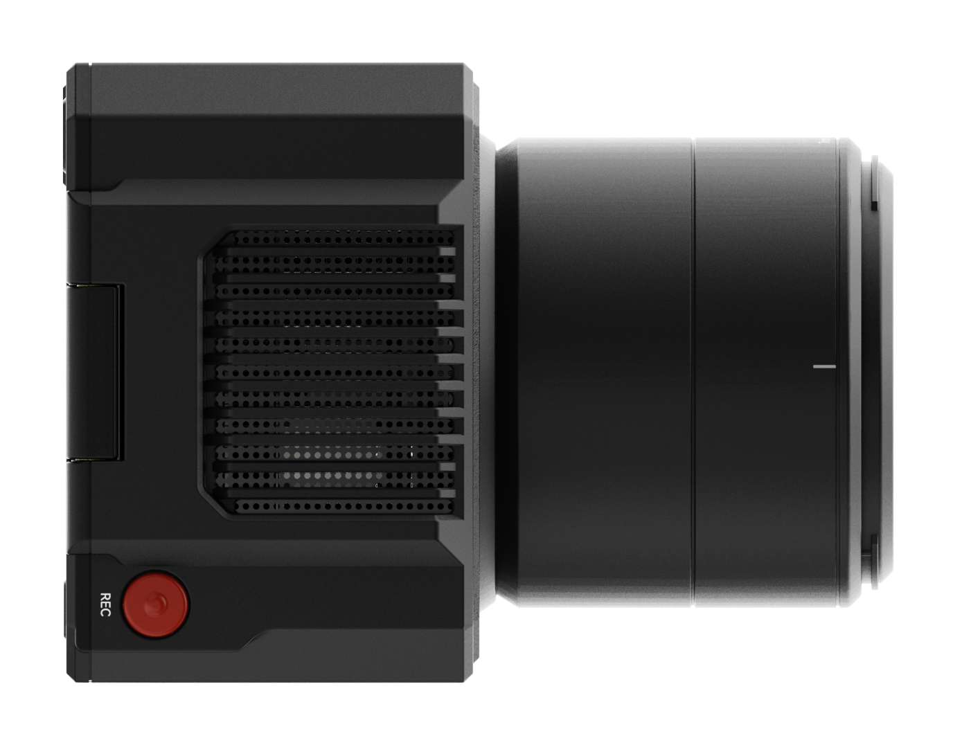 Czarny aparat z obiektywem. Widoczny jest czerwony przycisk z napisem 'REC'. Aparat ma otwory wentylacyjne i wygląda na metalowy.