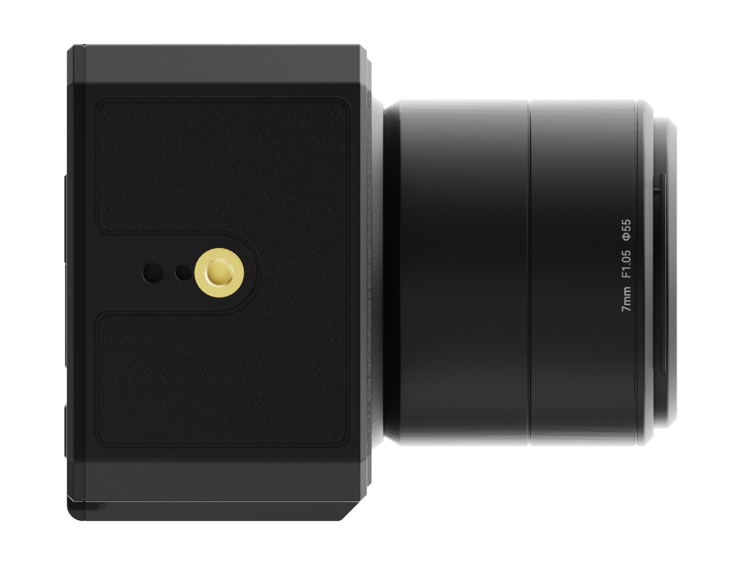 Czarny korpus aparatu z dołączonym obiektywem. Obiektyw jest czarny i ma specyfikacje 7mm F1.05 oraz średnicę 55mm.