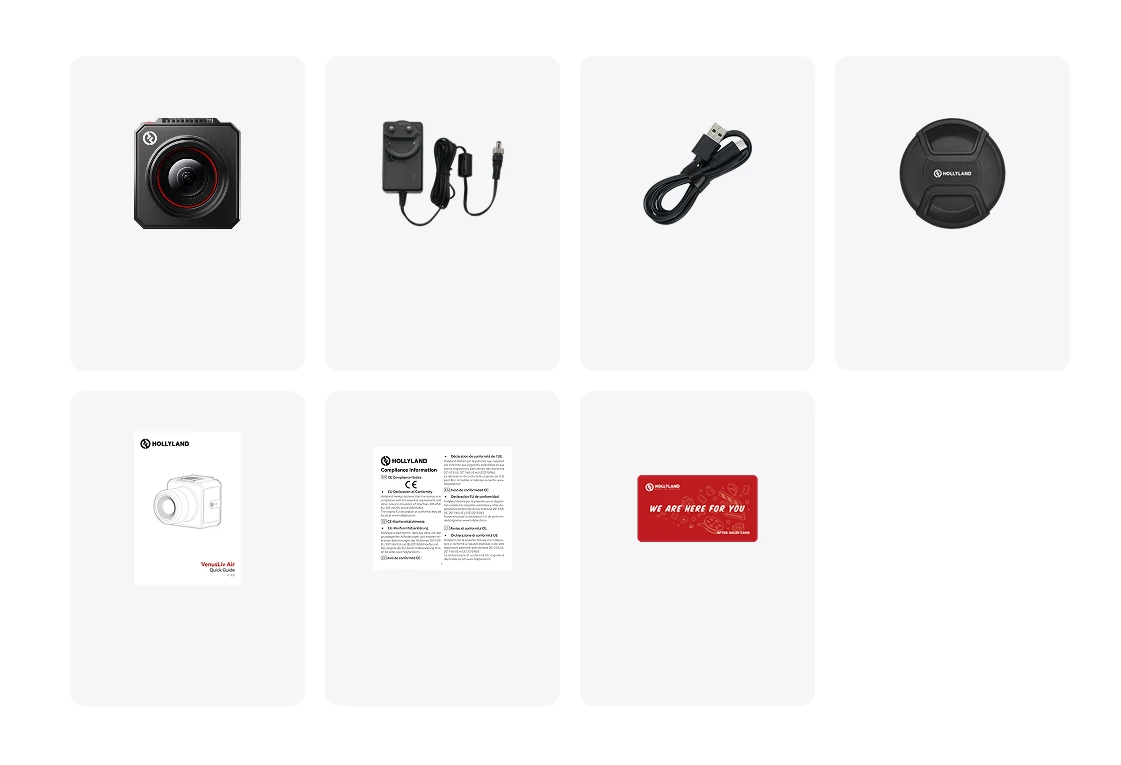 Obraz przedstawia różne komponenty produktów Hollyland: aparat, zasilacz, kabel USB, osłonę obiektywu, instrukcję, informacje o zgodności i czerwoną kartę.