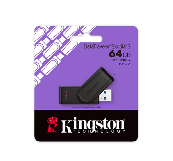 Mor ve siyah bir ambalaj üzerinde bir Kingston DataTraveler Exodia S 64GB USB sürücü. Ambalajda Kingston logosu var.