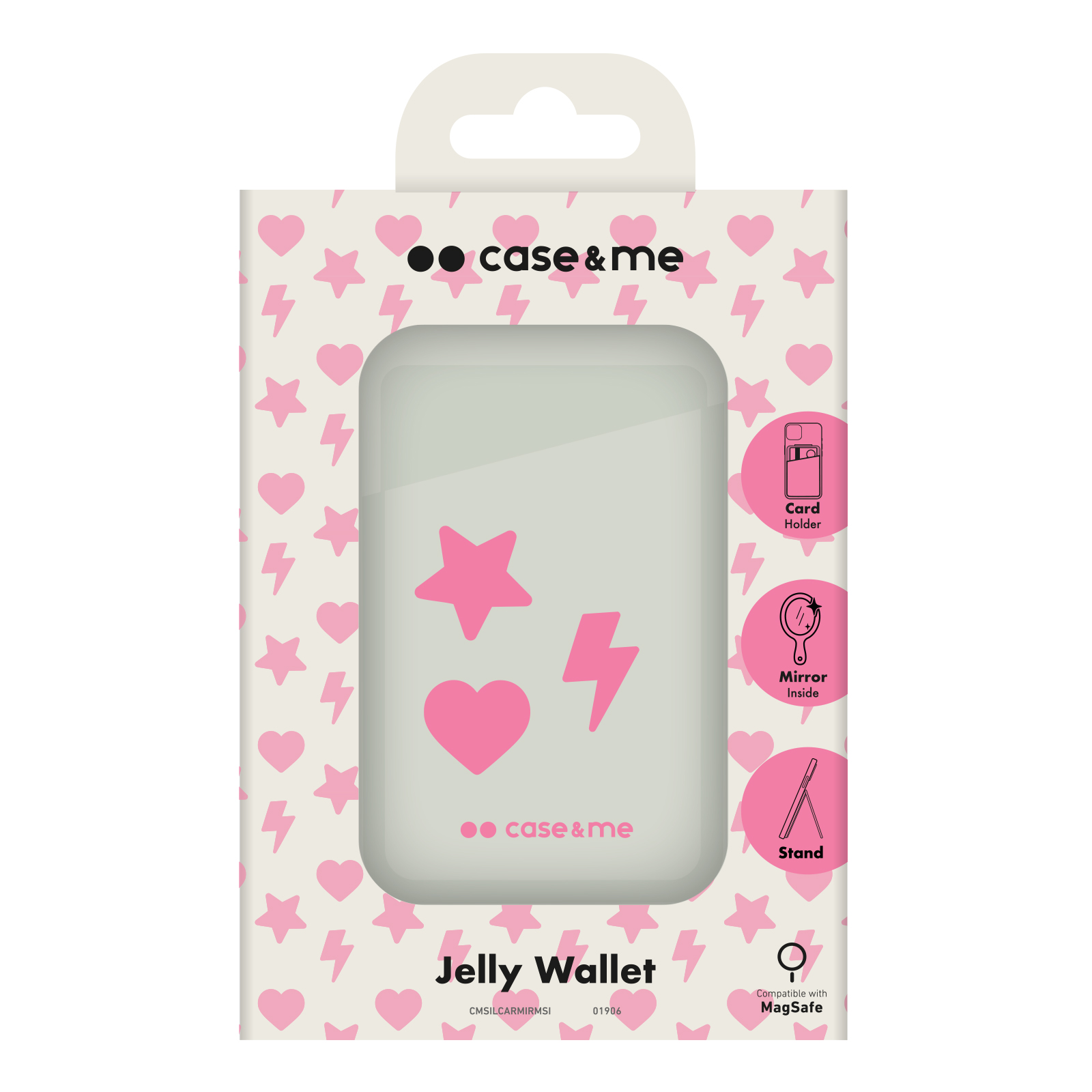 Case & me jelly cüzdan ambalajı. Beyaz zemin üzerinde pembe kalpler, yıldızlar ve şimşekler. Özellikler: kartlık, ayna, stand, MagSafe.