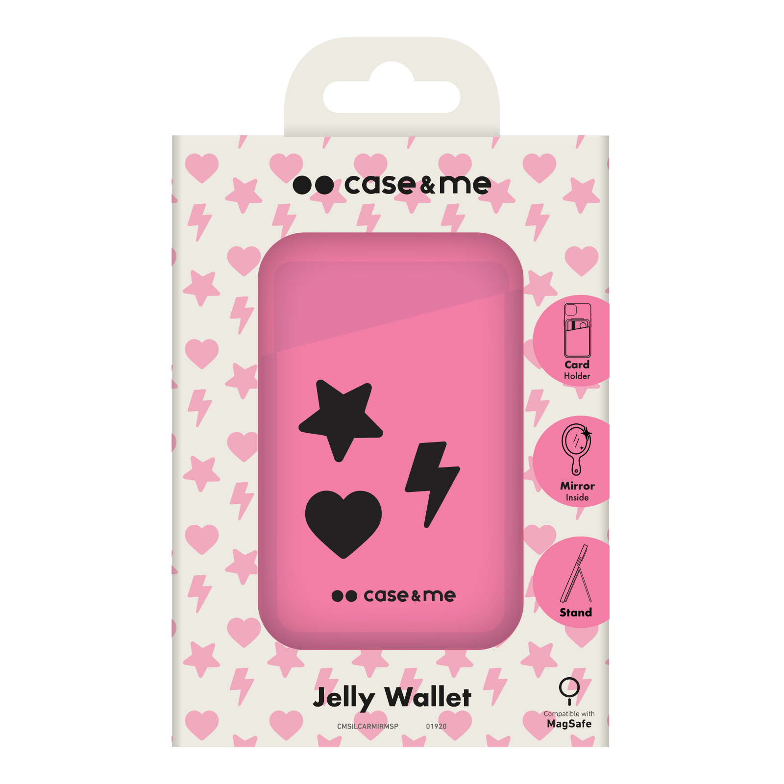 Siyah yıldız, şimşek ve kalp tasarımlı pembe Jelly Wallet paketi. Paket, kartlık gibi özellikleri gösterir.