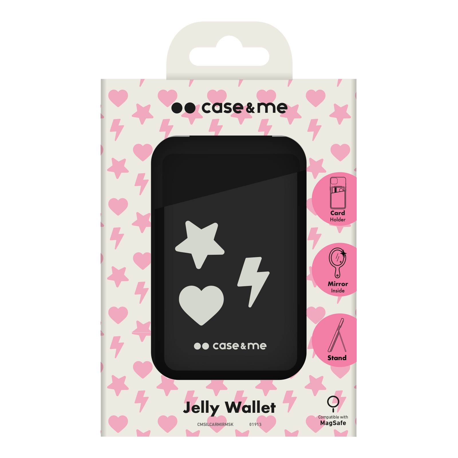 Yıldız, şimşek ve kalp desenli siyah Jelly Wallet kutusu. Kartlık, ayna, stand ve MagSafe özelliklerini içerir.