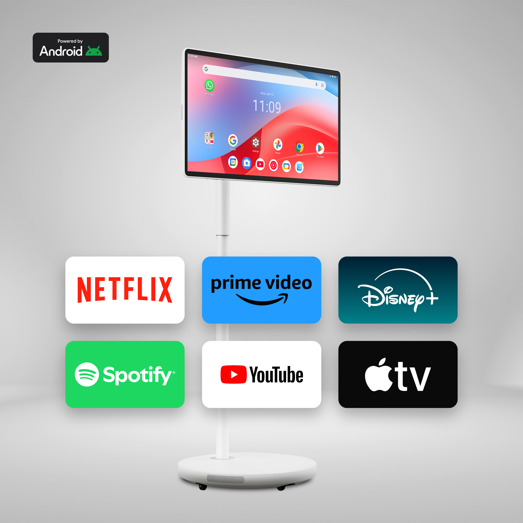 Android destekli, akış hizmetleri logolarıyla bir tablet. Netflix, Prime Video, Disney+, Spotify, YouTube ve Apple TV'yi içerir.