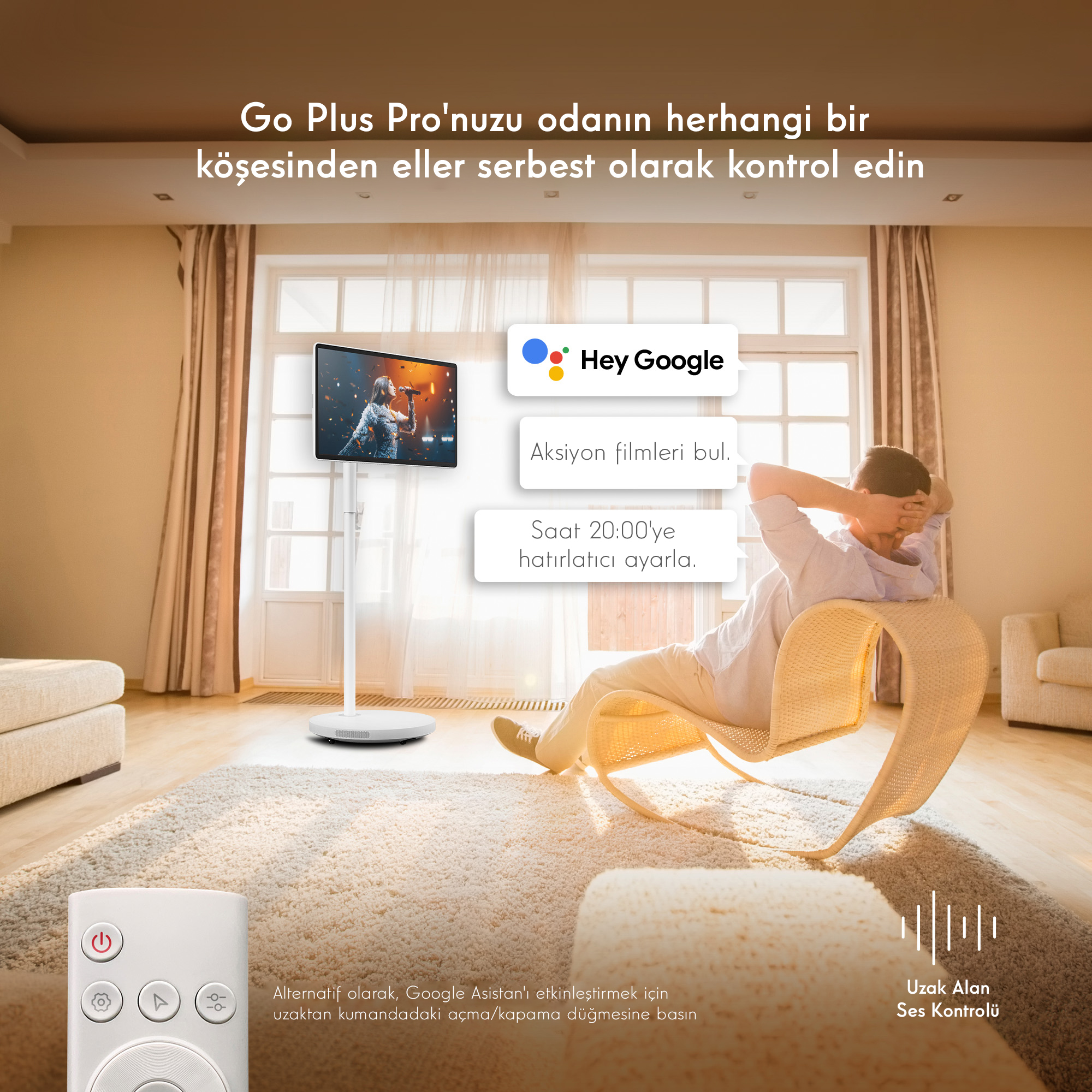 Bir adam bir sandalyede dinleniyor, bir sehpada TV izliyor. Google Asistan ekranda görüntüleniyor.