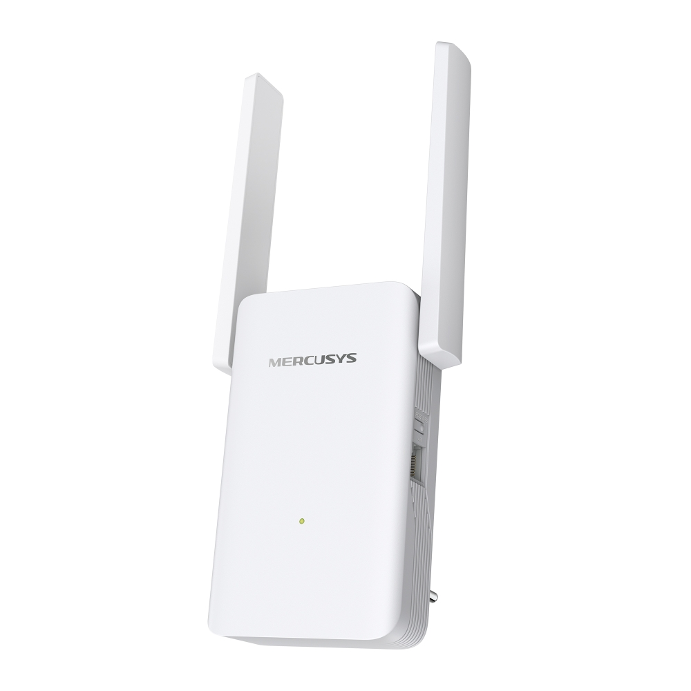 Yukarıya doğru bakan iki antenli beyaz bir Mercusys Wi-Fi genişletici. Yeşil bir ışığı ve yan tarafta bağlantı noktaları var.