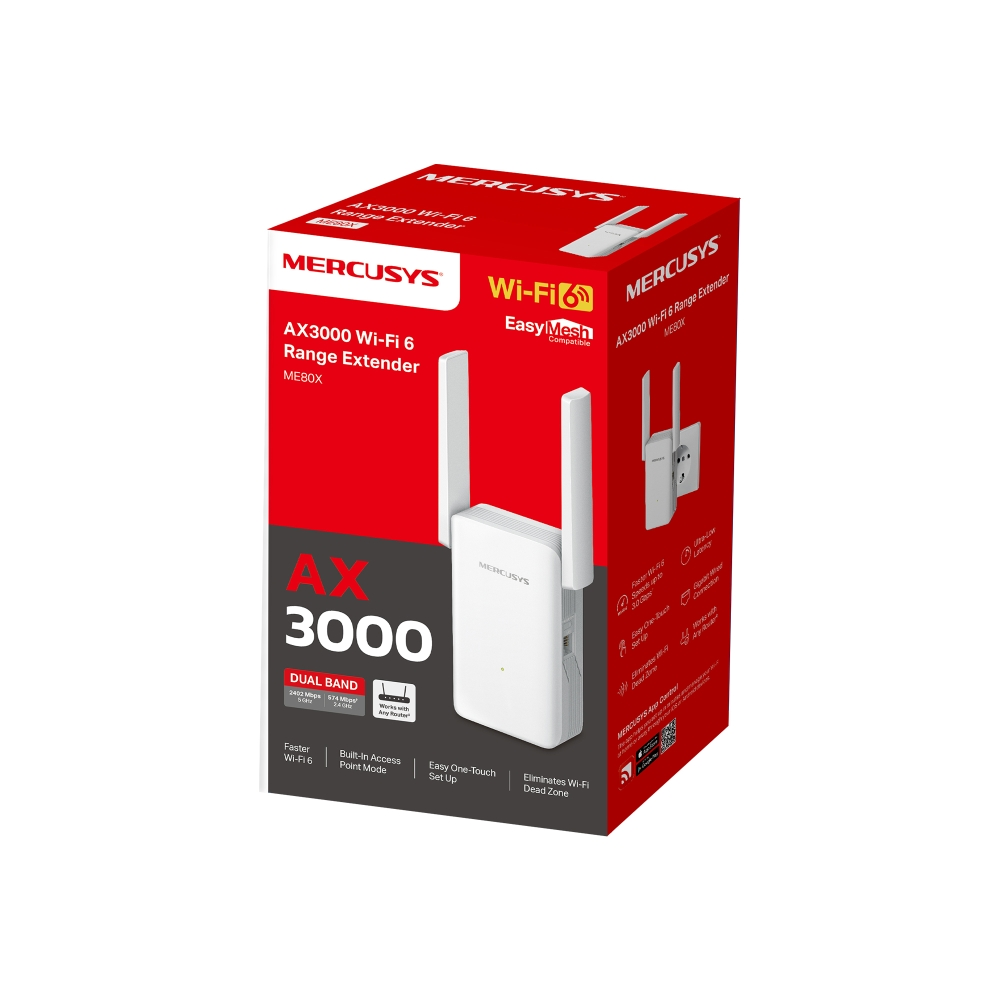 Antenli beyaz bir Mercusys AX3000 Wi-Fi 6 menzil genişletici, kırmızı bir kutunun üzerinde. Metinler arasında 'Çift Bant' ve 'AX 3000' yer alır.