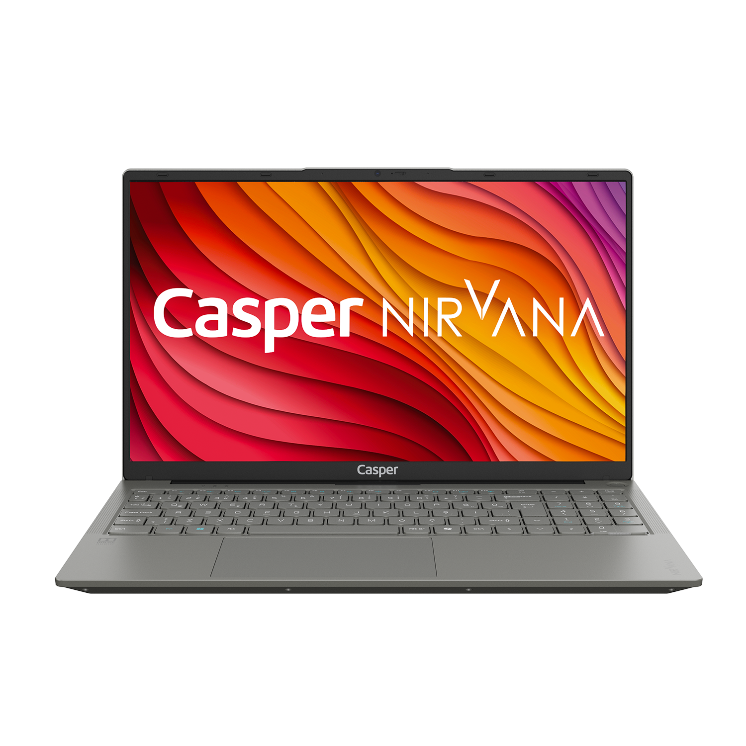 Ekranda Casper Nirvana logosu bulunan gri bir dizüstü bilgisayar. Ekran kırmızı, turuncu ve sarı dalgalı bir desen gösteriyor.