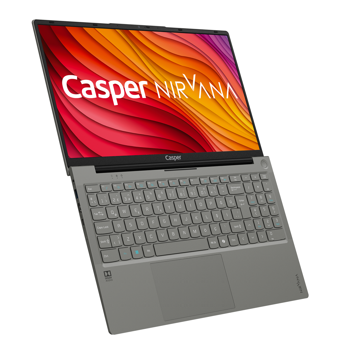 "Casper NIRVANA" logosu olan renkli ekranlı açık dizüstü bilgisayar. Gri klavye ve dokunmatik yüzey. Beyaz arka planda açılı görünüm.
