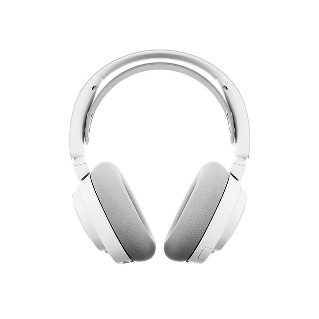 Gri kulaklıklı beyaz kulaklıklar, önden görünüm. Kulaklıklar beyaz bir arka plan üzerinde.