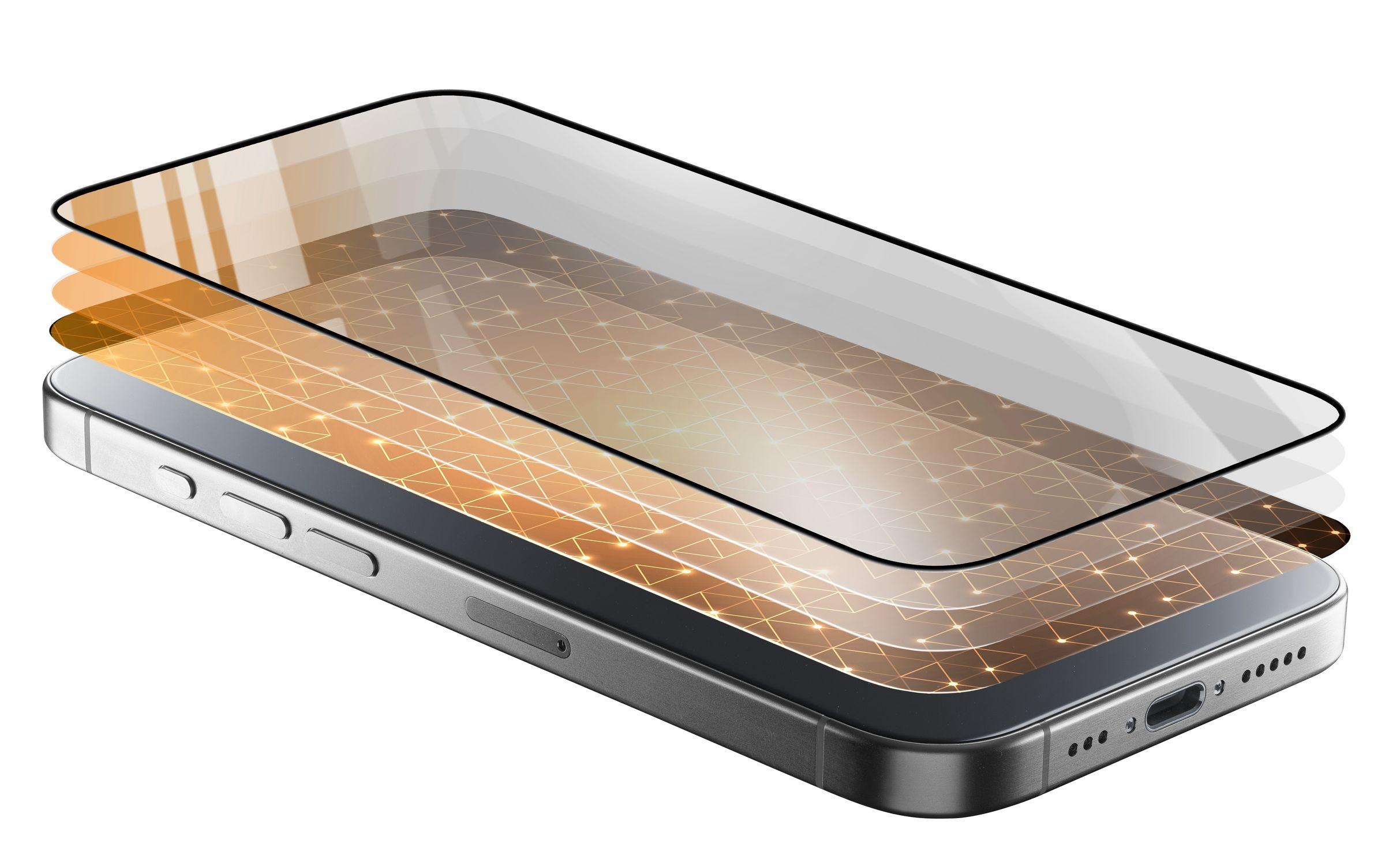 Un téléphone avec des protecteurs d'écran. L'écran affiche un motif de grille. Le téléphone est argenté.