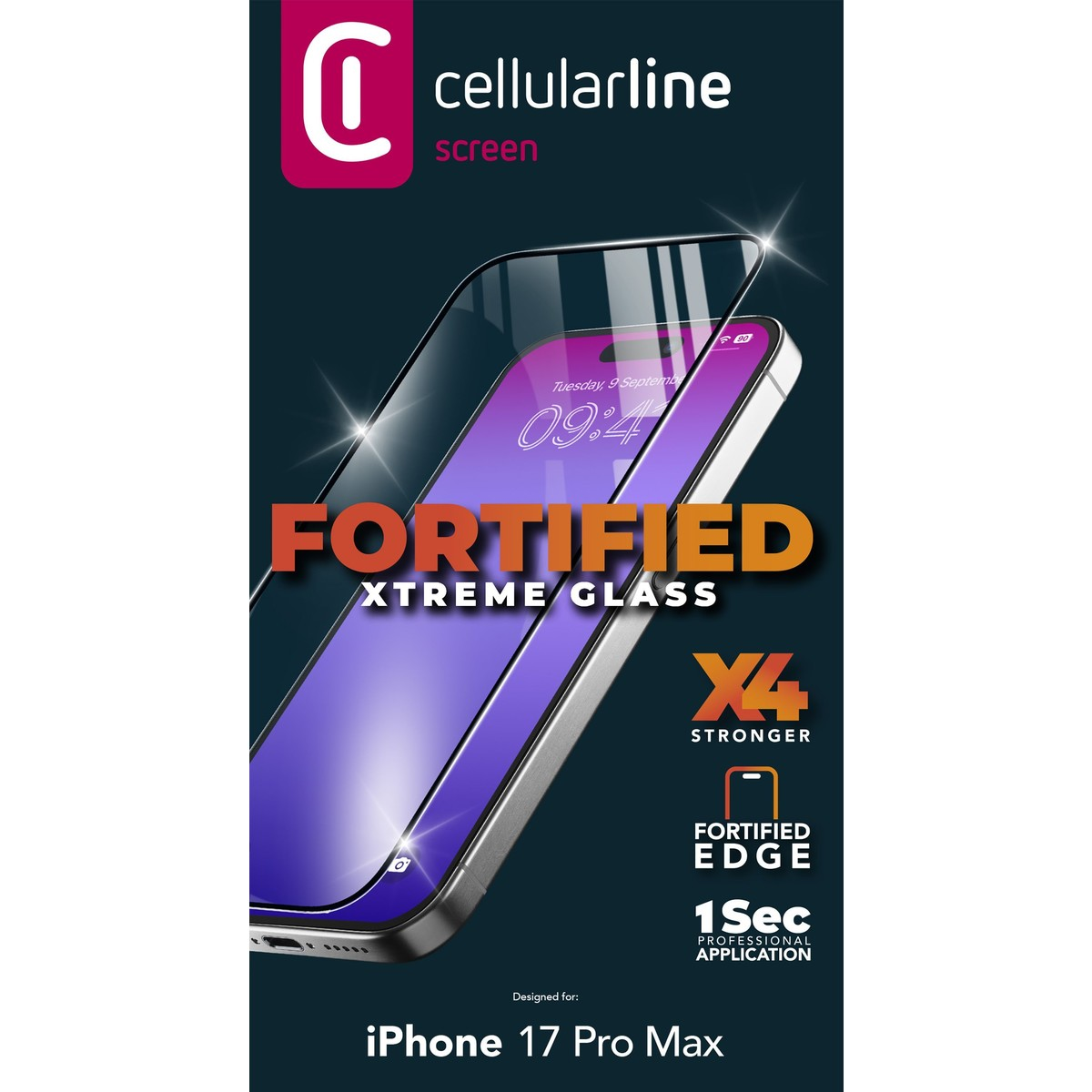 L'image montre un smartphone avec un protecteur d'écran. Le texte comprend 'FORTIFIED XTREME GLASS', 'X4 STRONGER' et 'iPhone 17 Pro Max'.