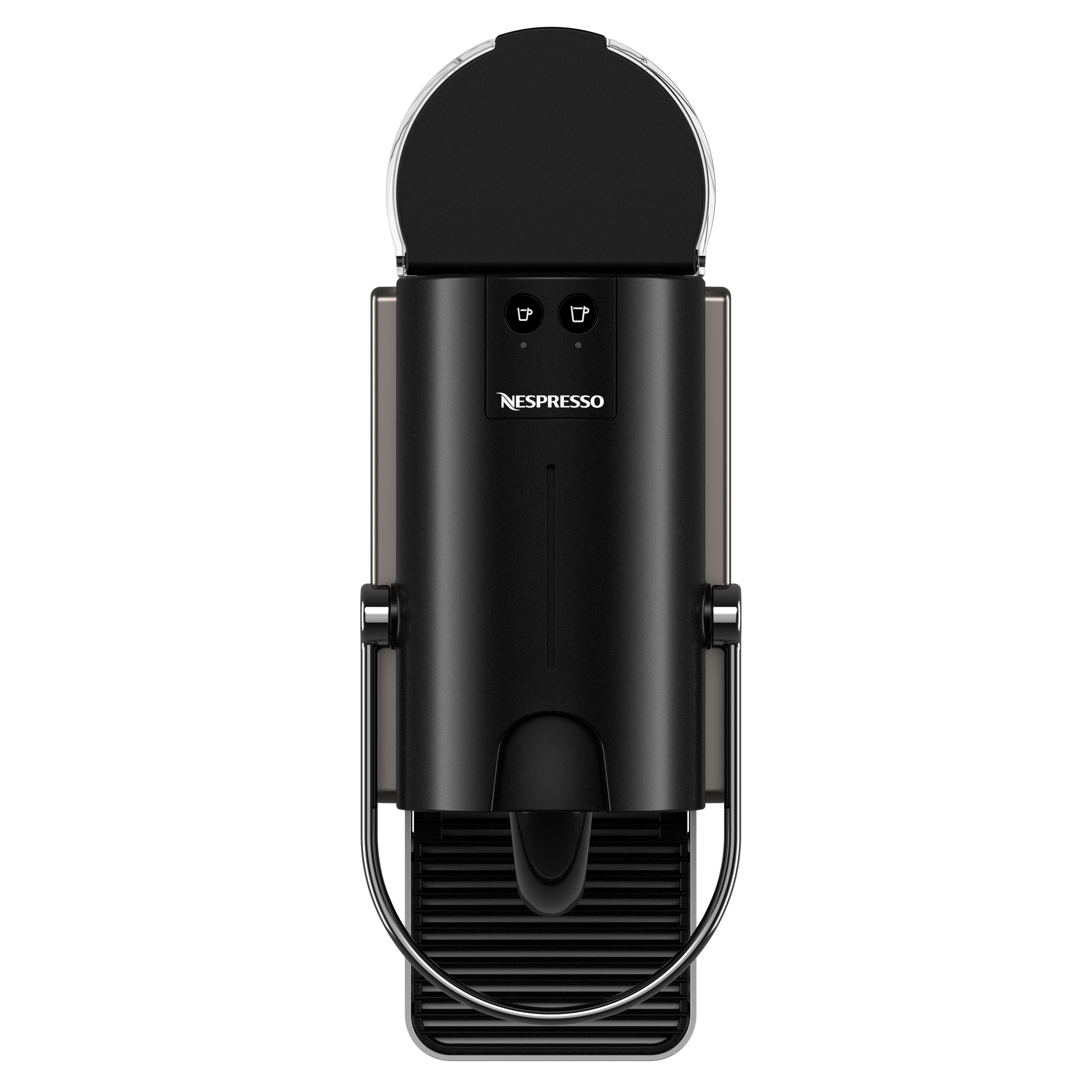 Siyah bir Nespresso kahve makinesi, yukarıdan görünüm. Yuvarlak bir üst kısma, iki düğmeye ve bir damlama tepsisine sahiptir.