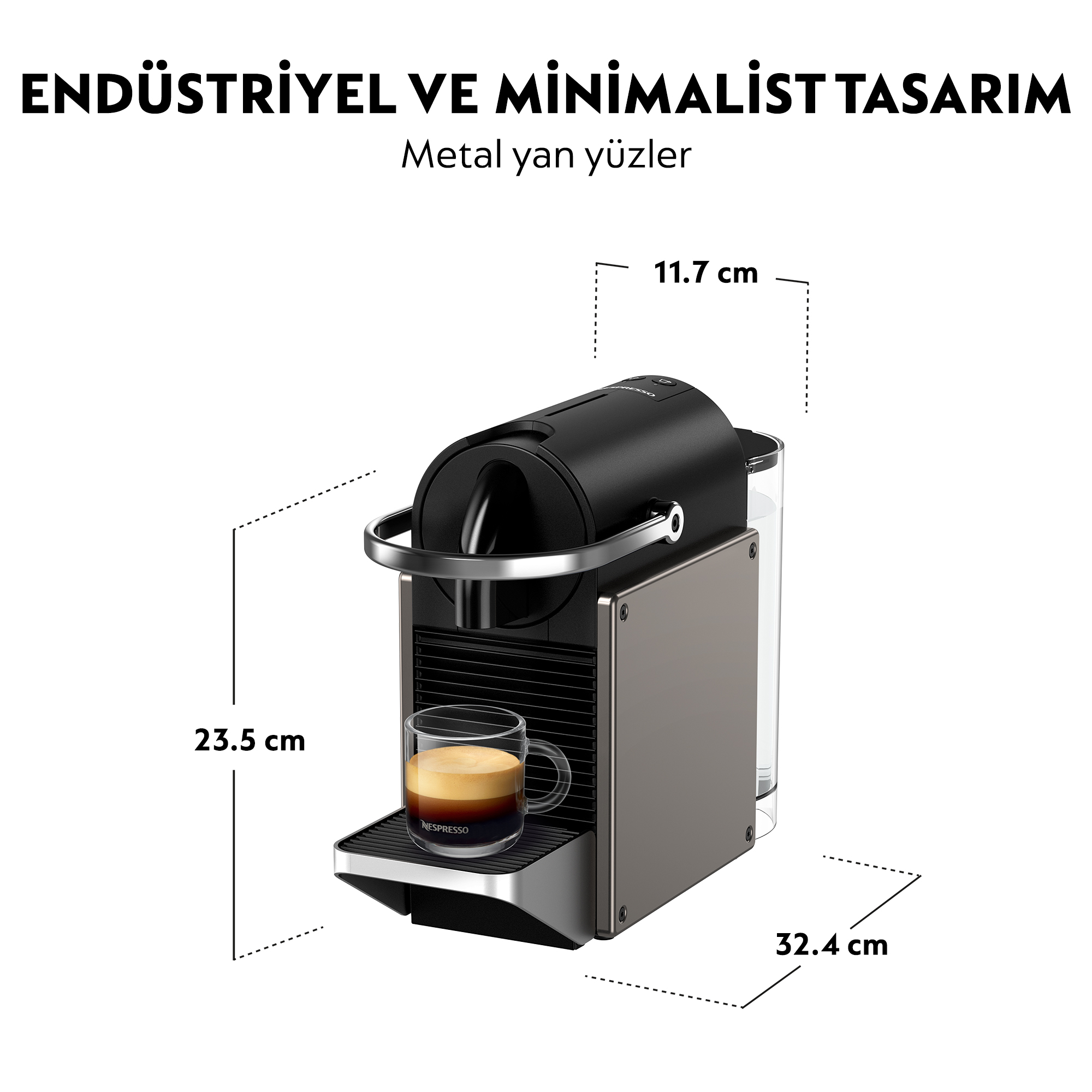 Siyah ve gri bir espresso makinesi ve bir bardak kahve. Makine, etiketlenmiş boyutlara sahip.