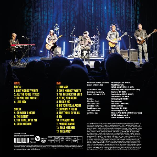 Band auf der Bühne. Text links listet Songs und Credits. DVD- und Vinyl-Edition-Logos.