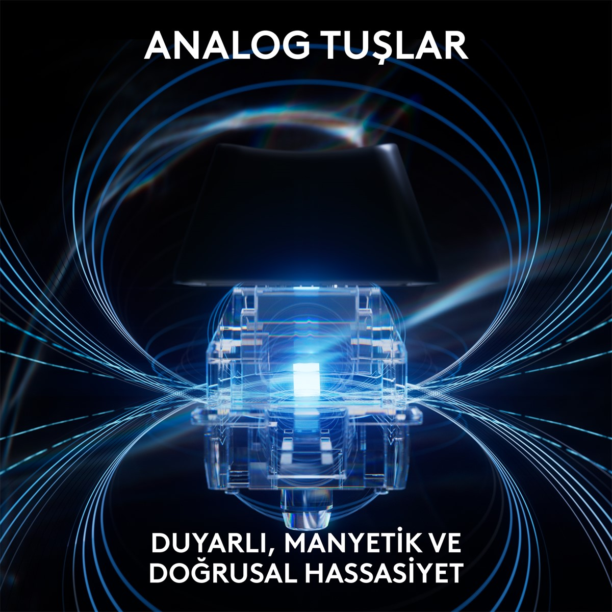 Görüntü, mavi enerji çizgileri olan bir klavye tuşunu gösteriyor. Metin 'Analog Tuşlar' ve 'Hassas, Manyetik ve Doğrusal Hassasiyet' diyor.