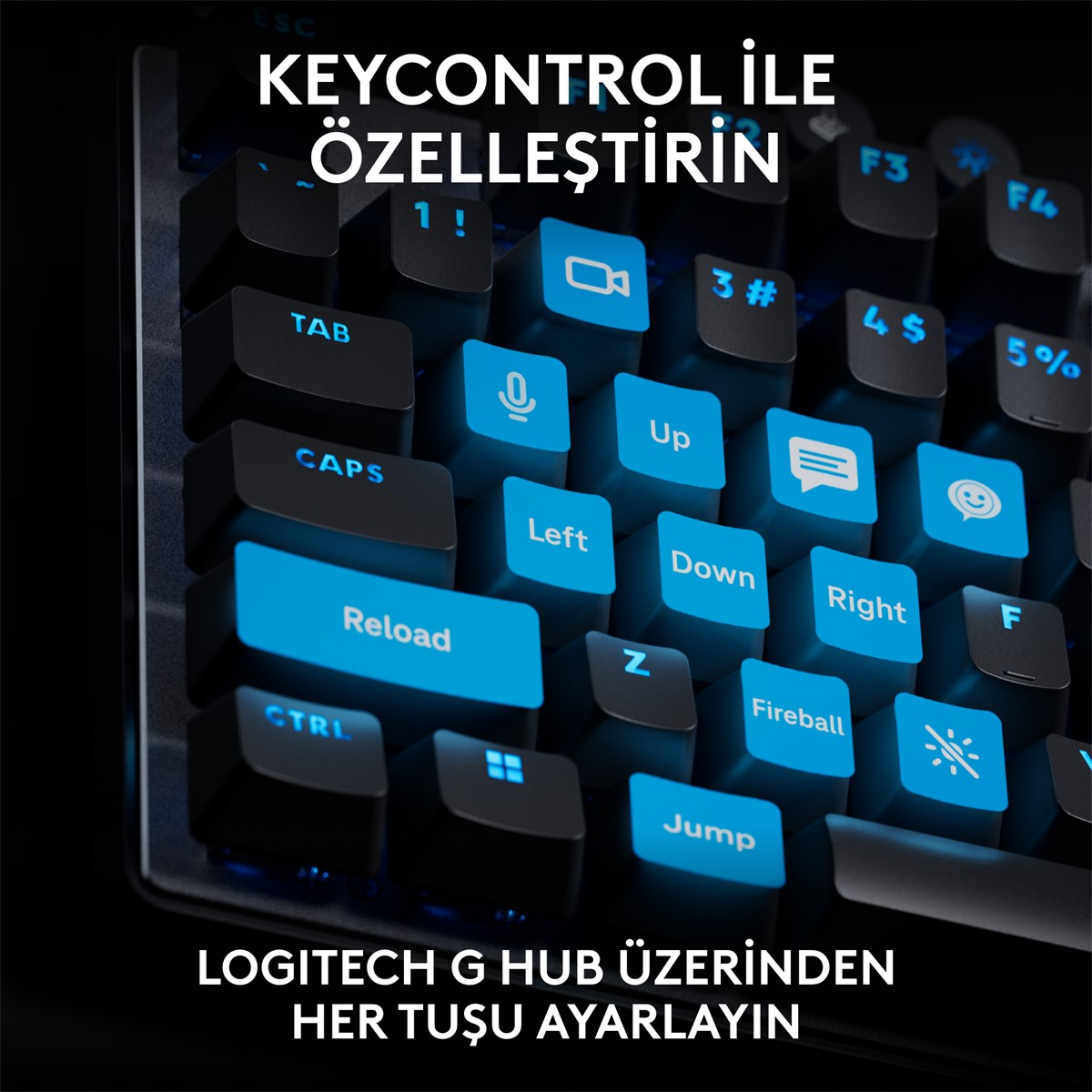 Mavi ışıklı tuşlara sahip bir oyun klavyesinin yakın çekimi. Metin: KEYCONTROL İLE ÖZELLEŞTİRİN. LOGITECH G HUB ÜZERİNDEN HER TUŞU AYARLAYIN.