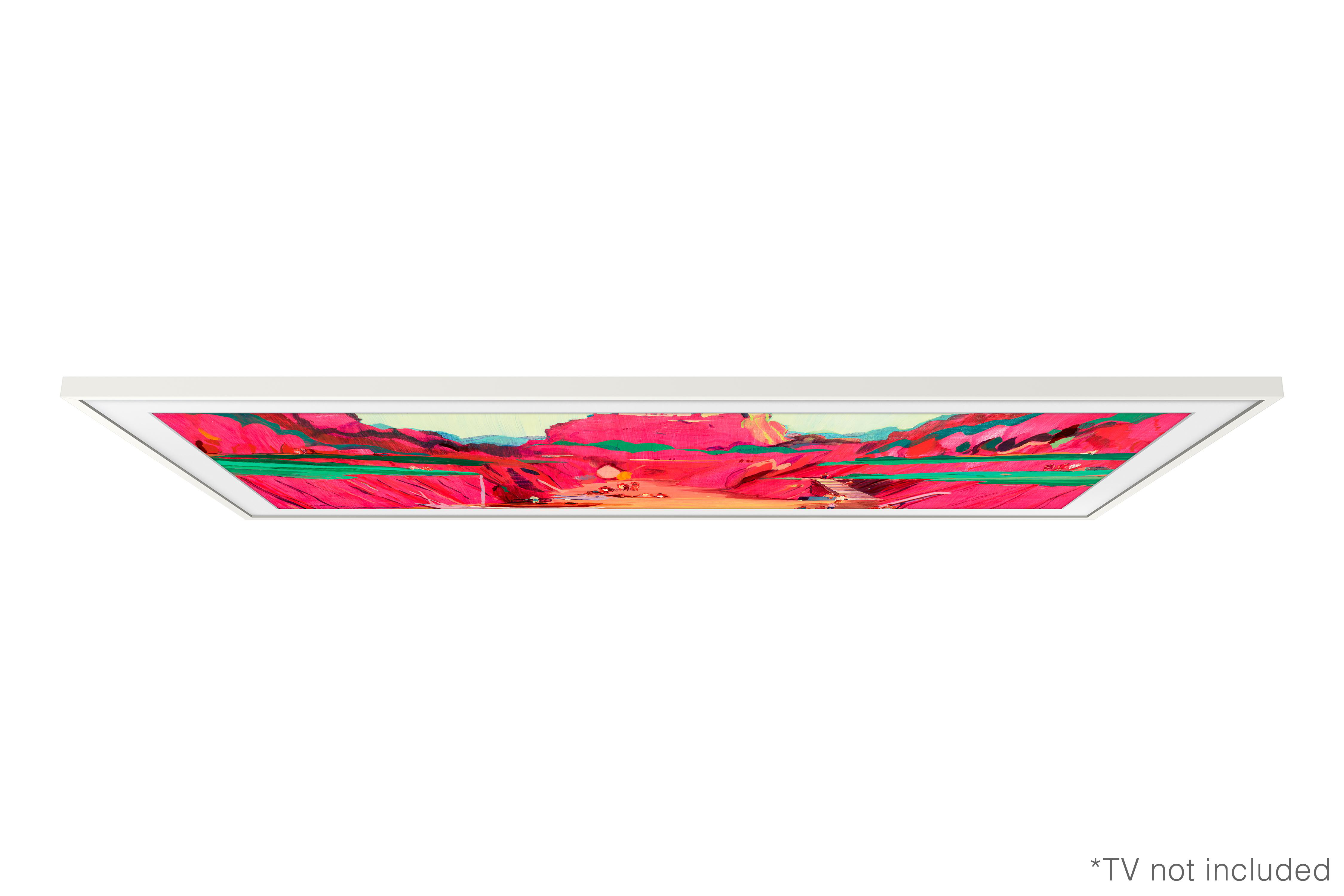 Ein gerahmtes Kunstwerk einer Landschaft in Rot, Rosa, Grün und Gelb auf weißem Hintergrund.