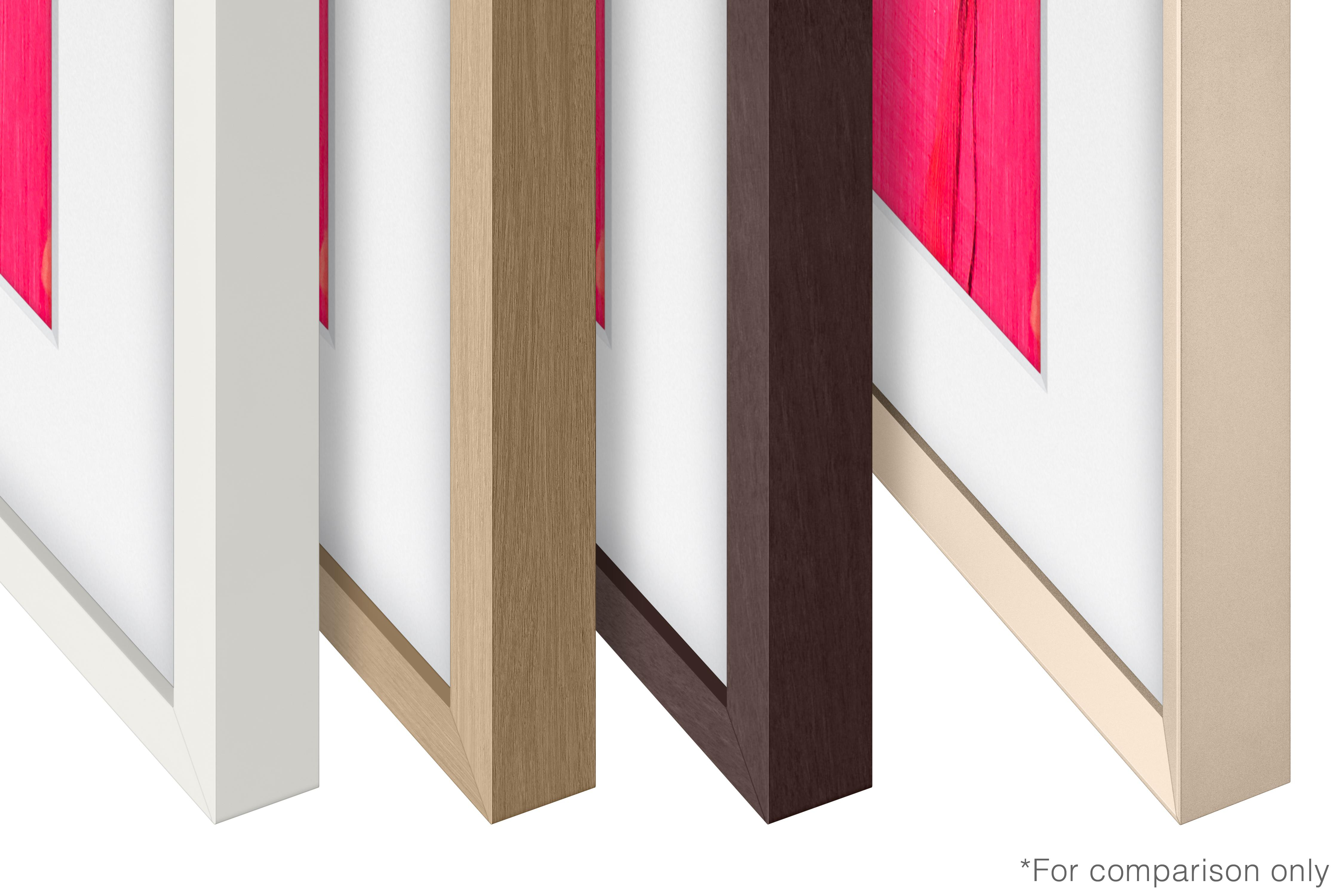 Vier Bilderrahmen in verschiedenen Farben. Weiß, hellbraun, dunkelbraun und beige. Alle haben einen weißen Hintergrund.