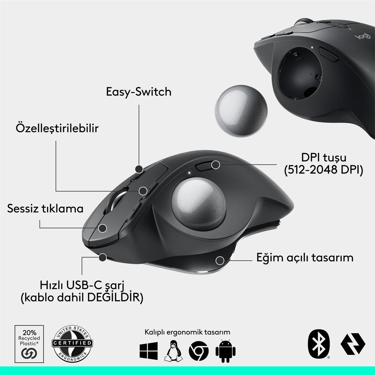 Trackball ve çeşitli düğmeleri olan siyah ergonomik bir fare. Metin etiketleri 'Easy-Switch' ve 'DPI tuşu' gibi özellikleri tanımlar.