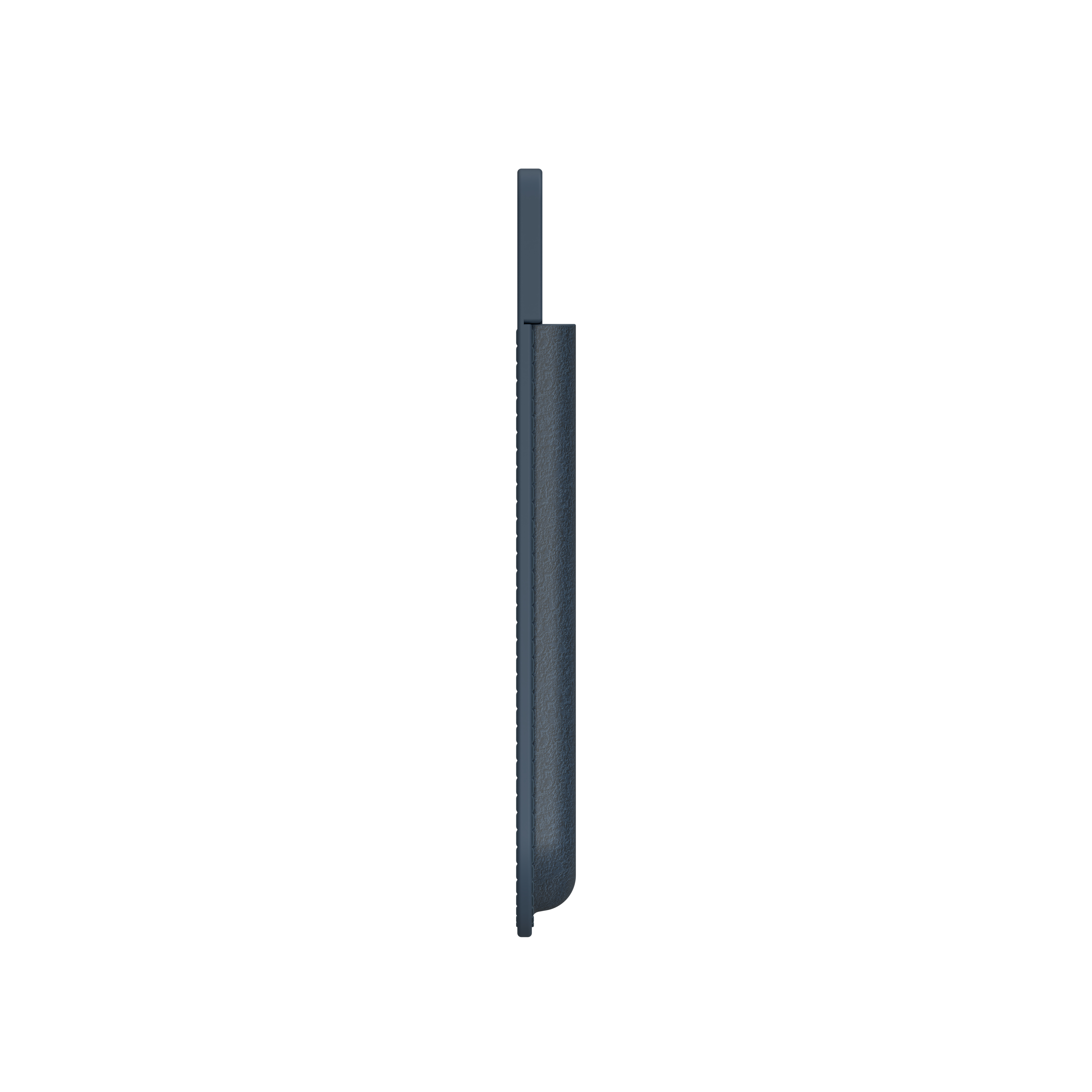 Seitenansicht eines blauen Telefons mit hochgezogener Antenne. Das Telefon vor weißem Hintergrund.
