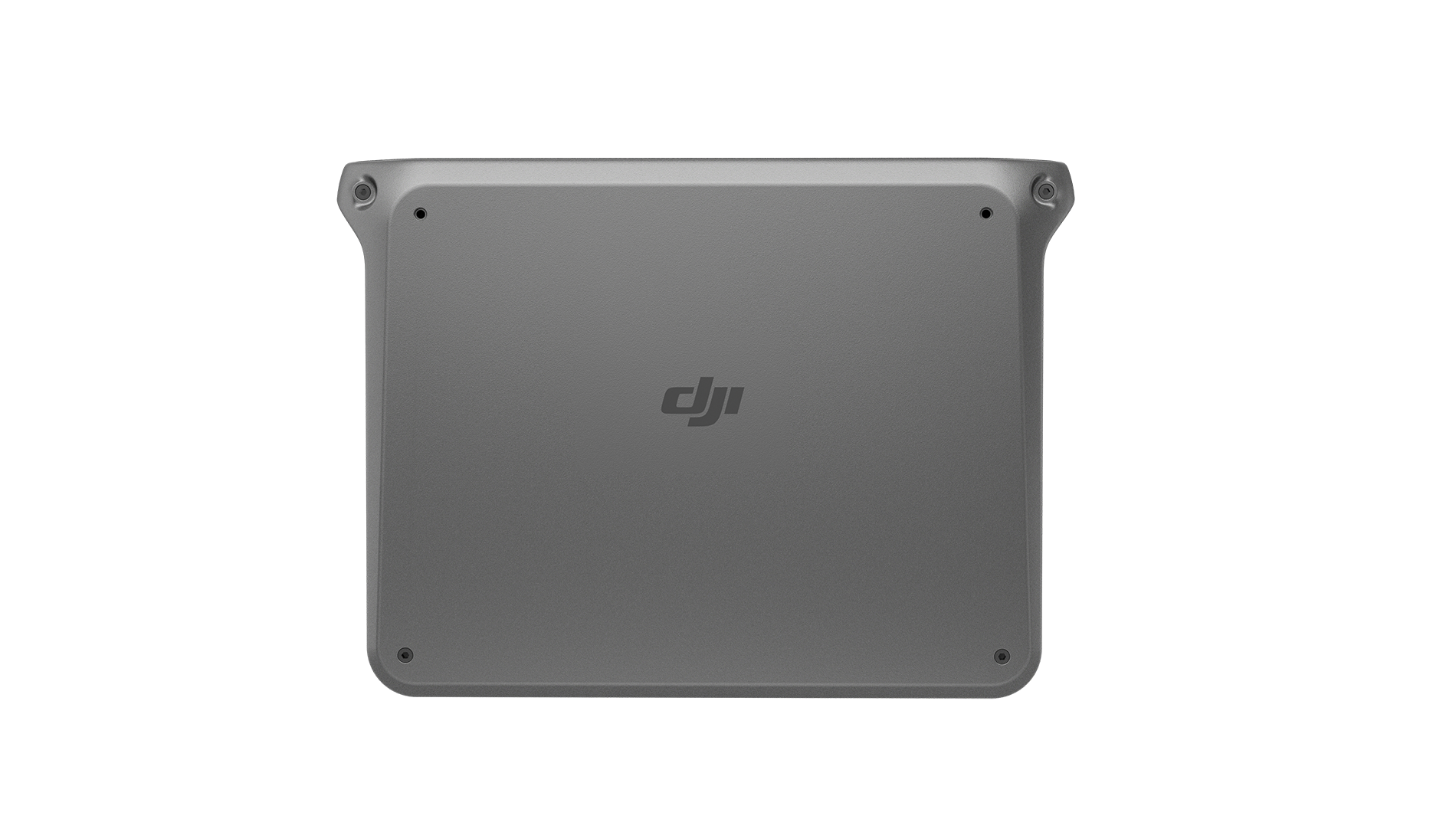Ortada DJI logosu bulunan gri bir DJI cihazı. Cihazın yuvarlak köşeleri ve küçük dairesel detayları var.