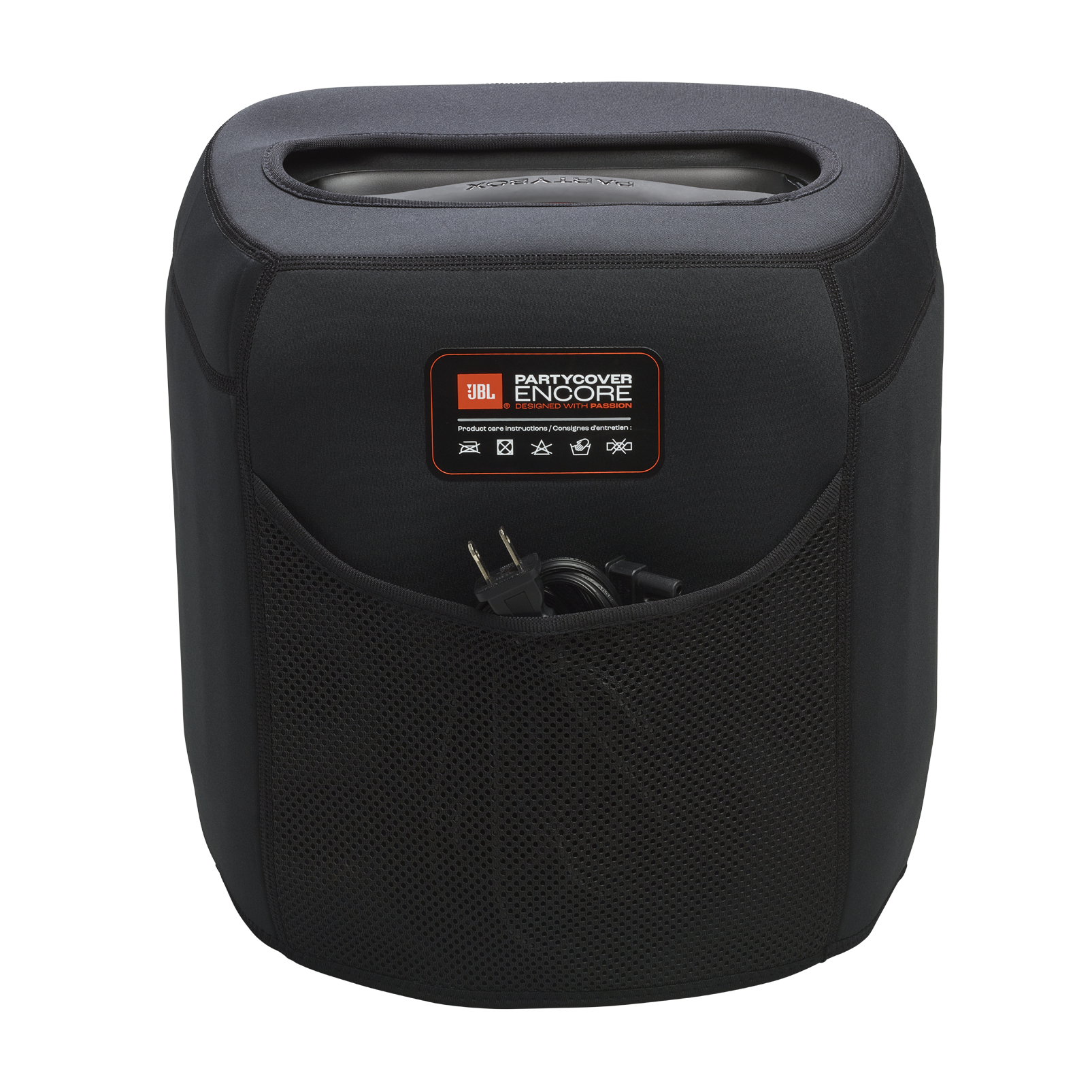 Schwarze JBL Partycover Encore-Lautsprecherabdeckung. Eine Netztasche hält ein Netzkabel. Das JBL-Logo ist sichtbar.