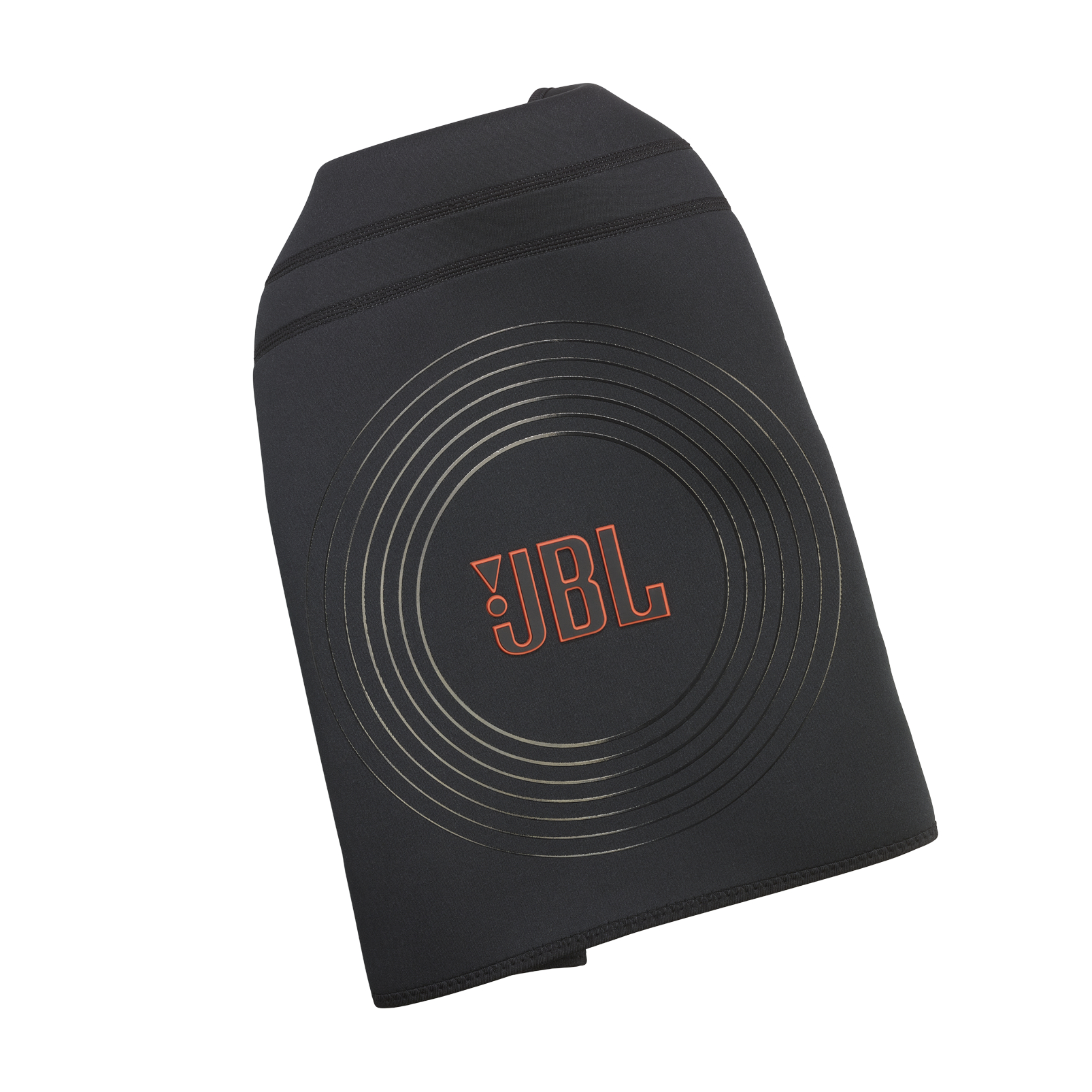 Schwarze JBL-Lautsprecherabdeckung. Orangefarbenes JBL-Logo und konzentrische Kreise. Isoliert auf weißem Hintergrund.