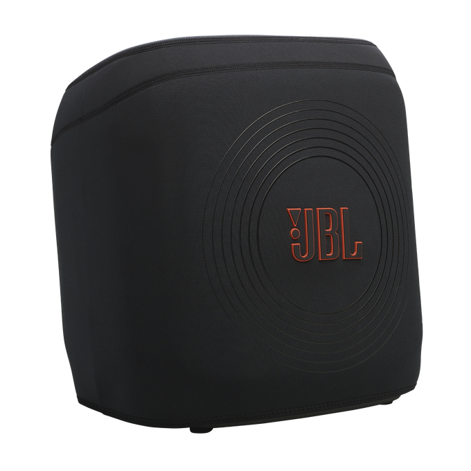 Ein schwarzer JBL-Subwoofer. Er hat ein kreisförmiges Design auf der Vorderseite mit dem JBL-Logo in Orange. Der Subwoofer befindet sich auf weißem Hintergrund.