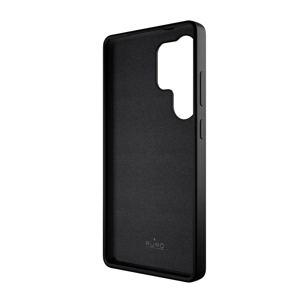 Kamera ve düğmeler için kesikleri olan siyah telefon kılıfı. 'PURO' marka adı görünür durumda.