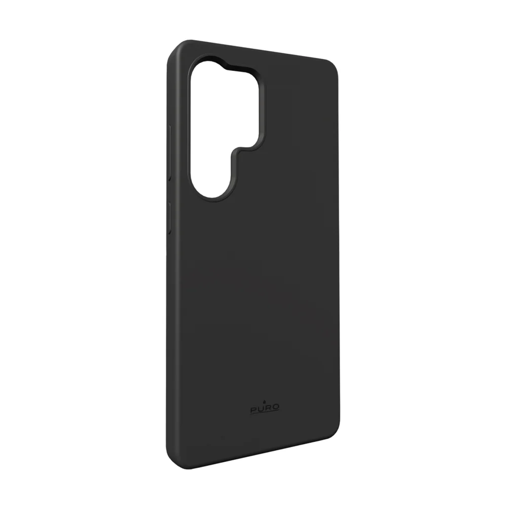 Kamera ve düğmeler için kesikleri olan siyah bir telefon kılıfı. Puro logosu altta.