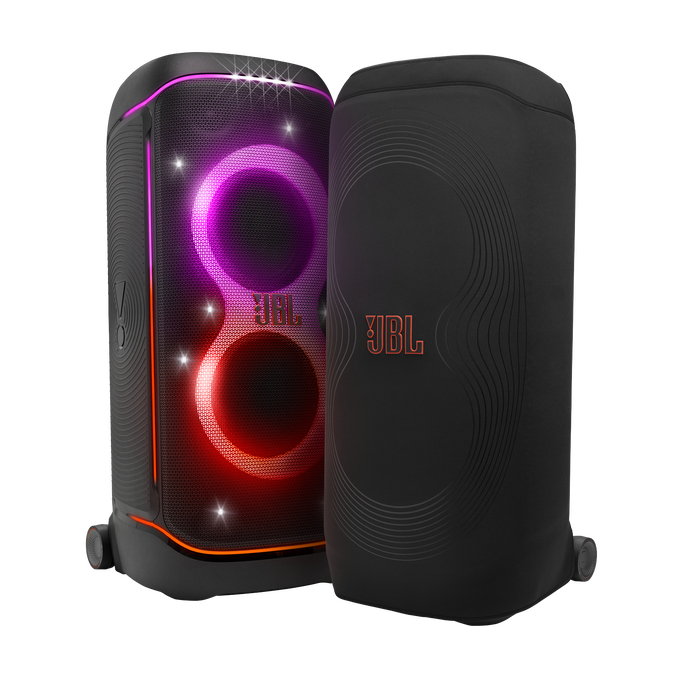 Zwei schwarze JBL-Lautsprecher. Einer hat eine leuchtende rote und lila Lichtanzeige. Der andere hat ein JBL-Logo. Beide stehen auf weißem Hintergrund.