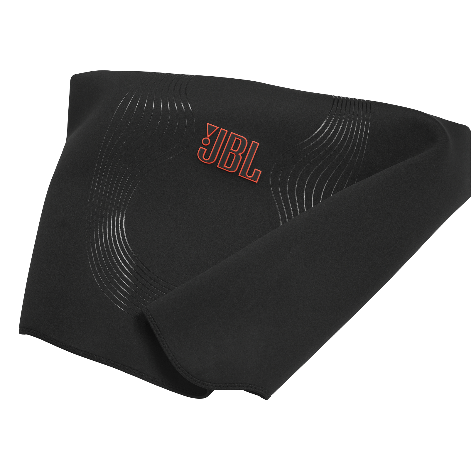 Schwarzes JBL-Handtuch mit orangefarbenem Logo auf weißem Hintergrund. Es ist gefaltet mit geschwungenen Linien.