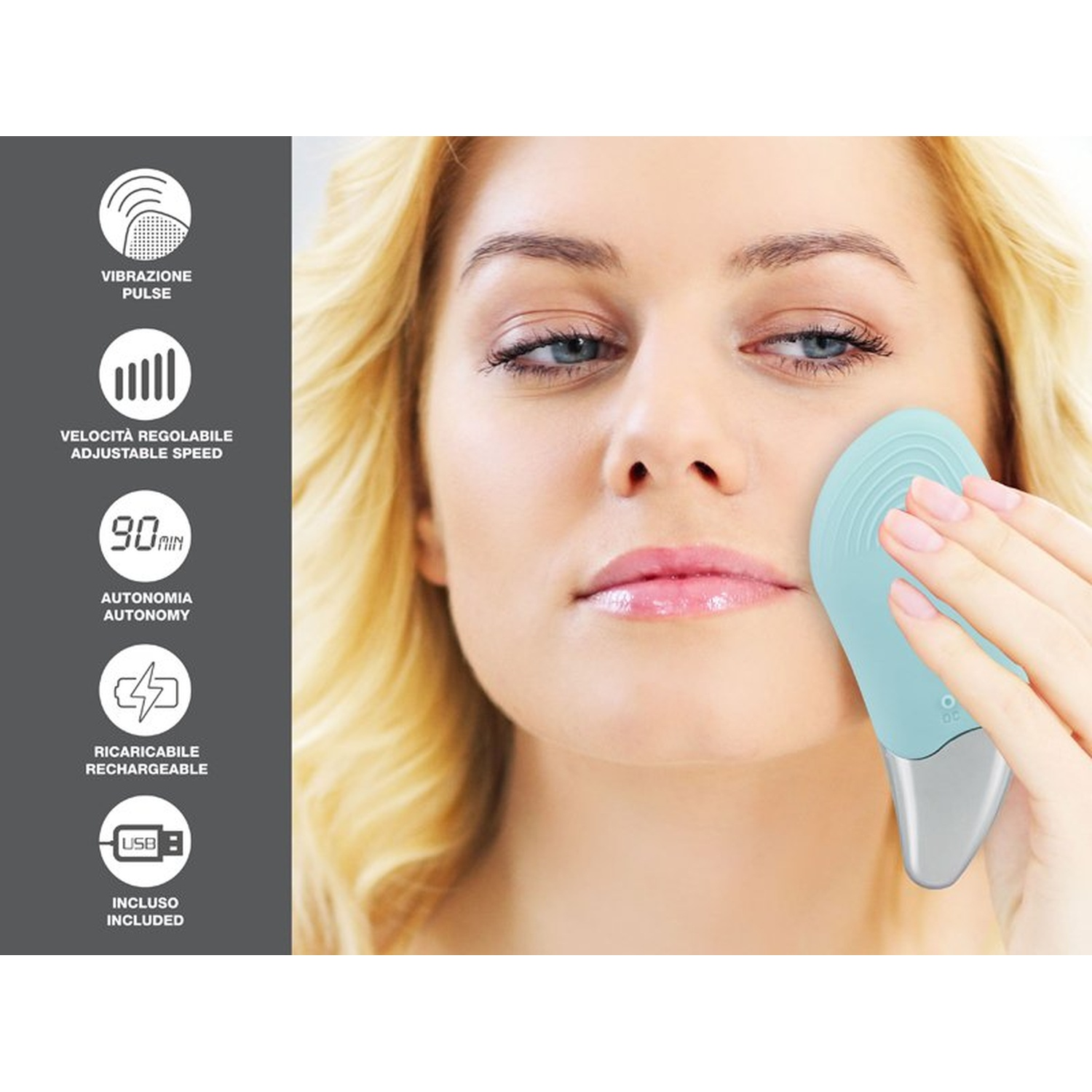A woman applies a turquoise facial device to her face. Text labels describe features like vibration, adjustable speed, and USB charging.