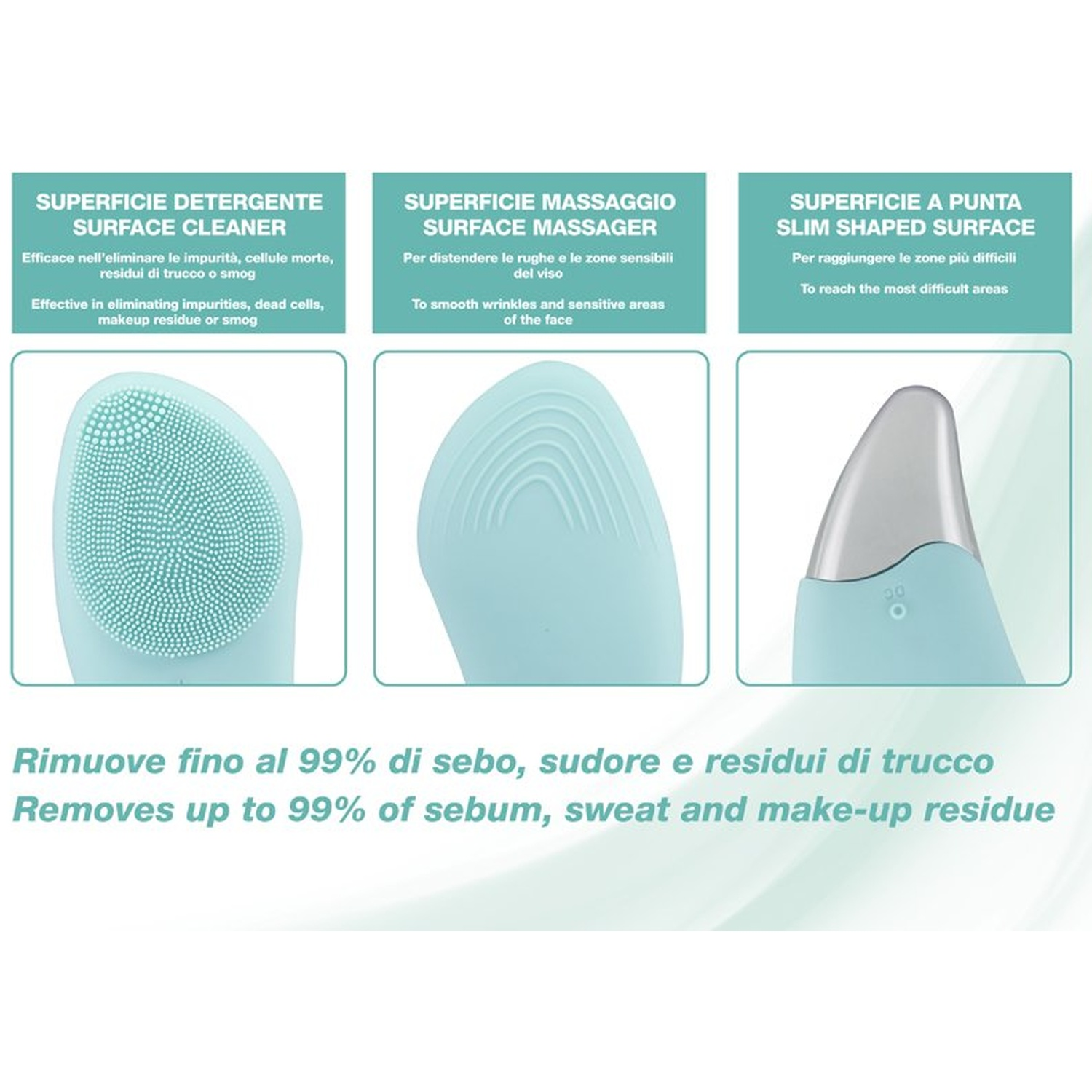 Image shows a face cleaning device with three different surfaces. Text highlights the device's cleaning and massaging functions.