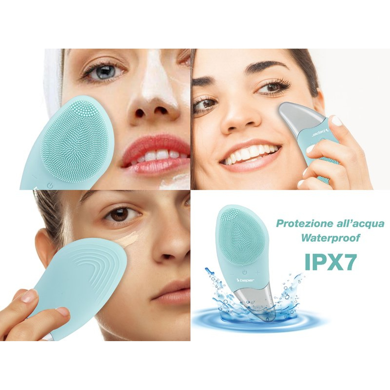 Image shows a skincare device being used on faces. The device is light blue and has a silicone brush head. Text: Waterproof IPX7.