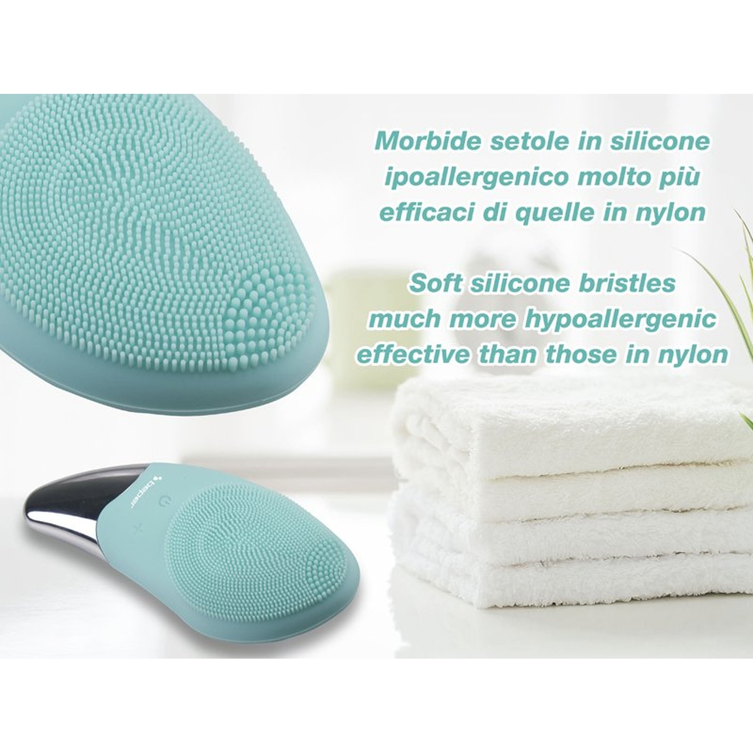 Image shows two turquoise facial cleansing devices and a stack of white towels. Text highlights silicone bristles.