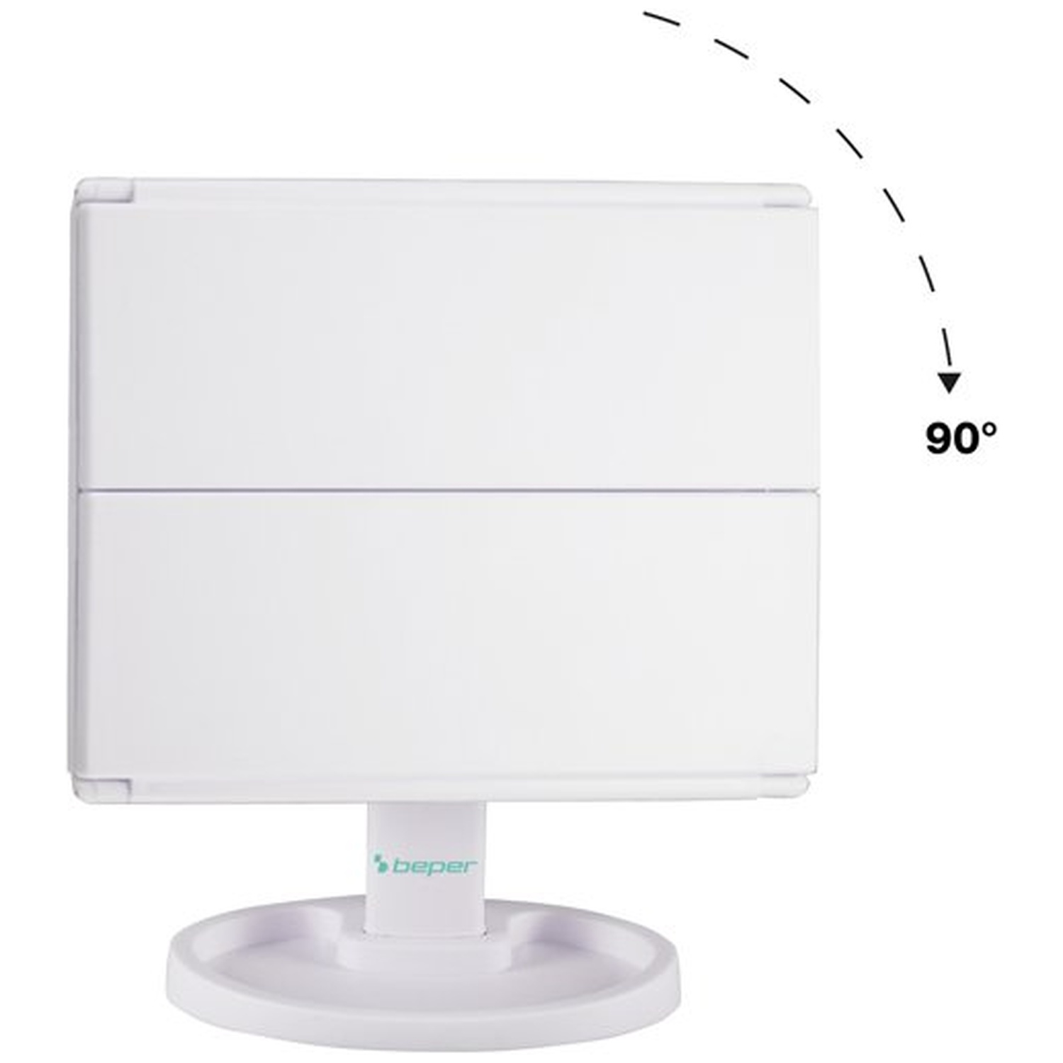 A white, foldable mirror with a base, stem, and two panels. The mirror can rotate 90 degrees. The base has a label of 'beper'.