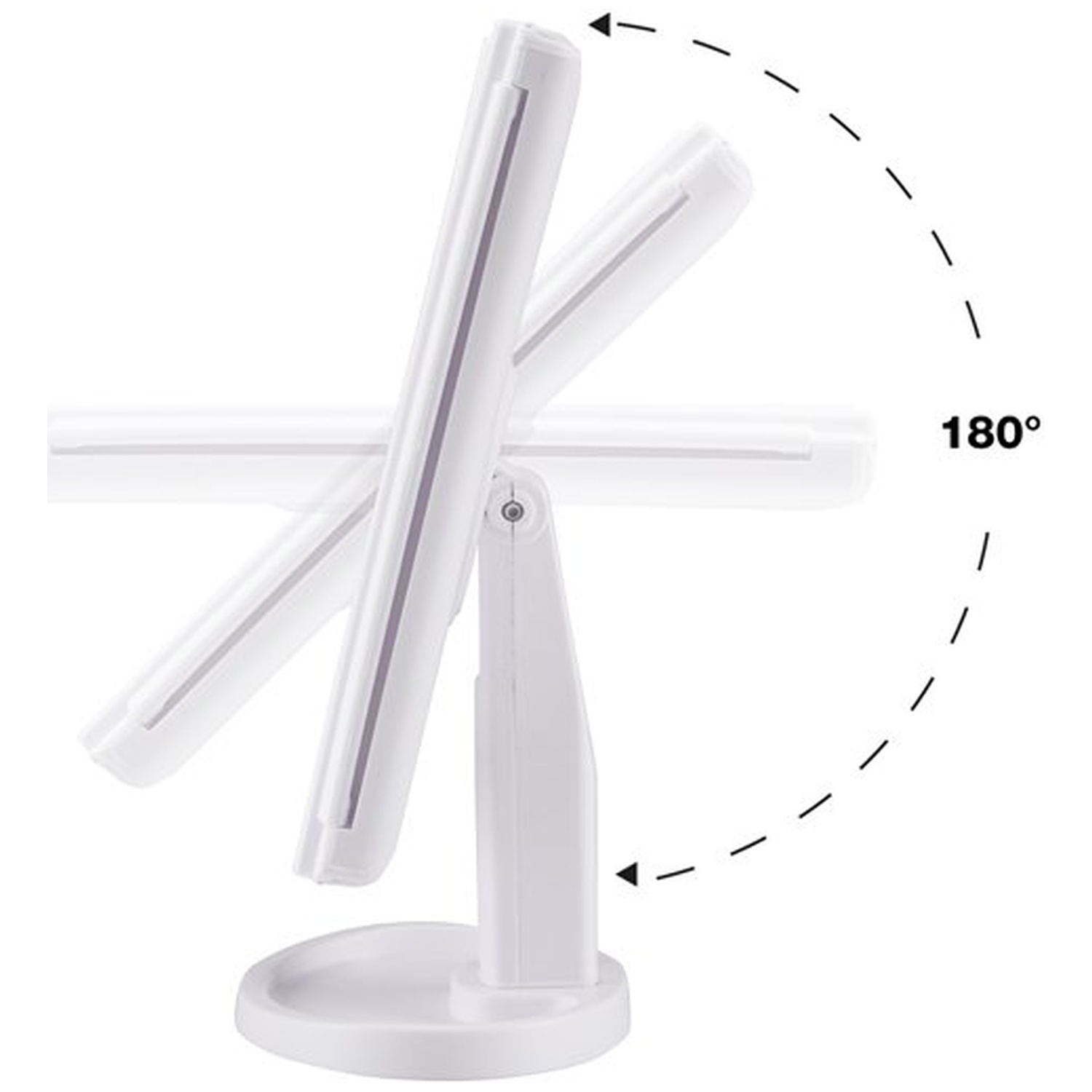 A white, adjustable makeup mirror. It has a rotating head and base. An arrow indicates a 180-degree rotation.