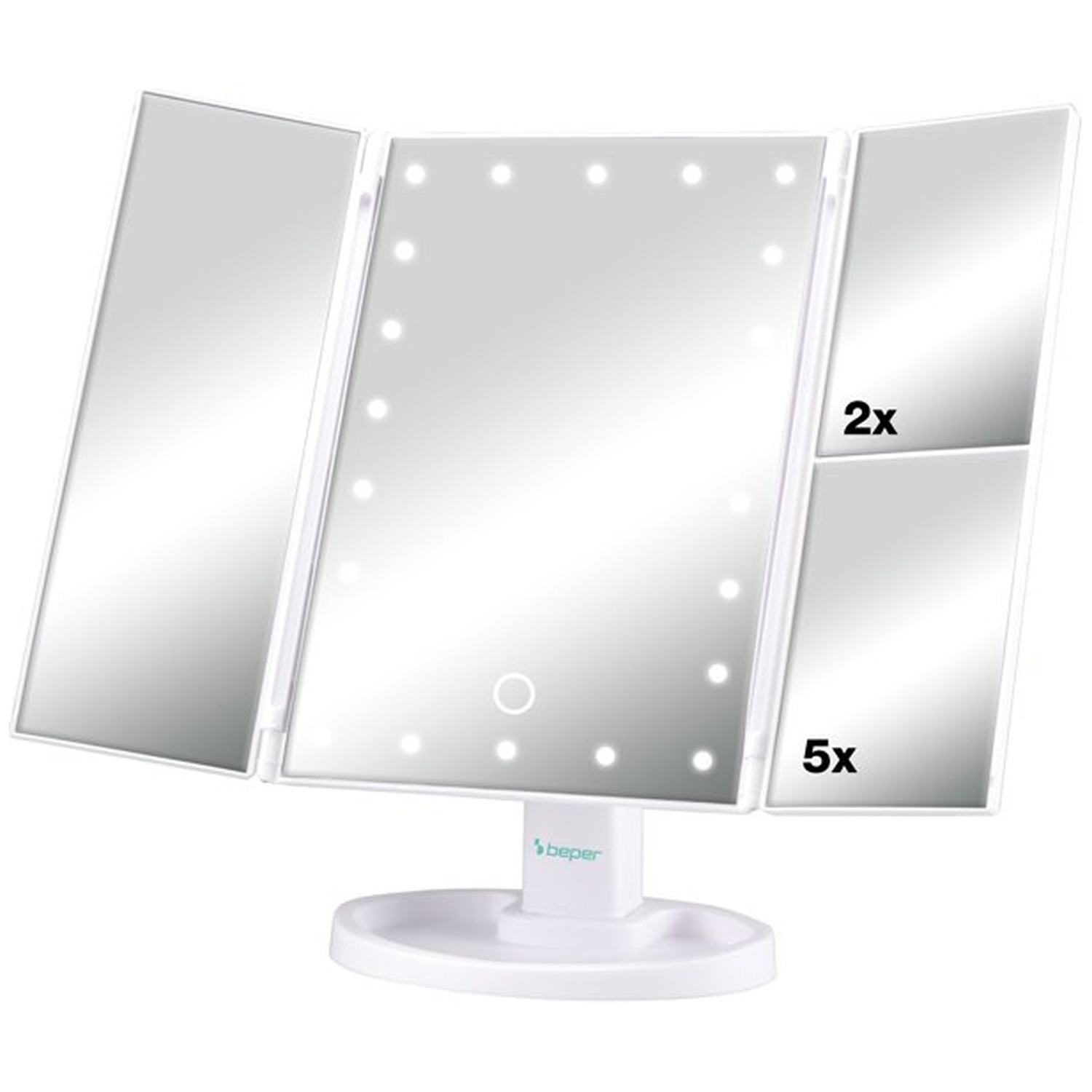 A white, tri-fold makeup mirror with LED lights. Two side mirrors and the right one has 2x & 5x magnification.