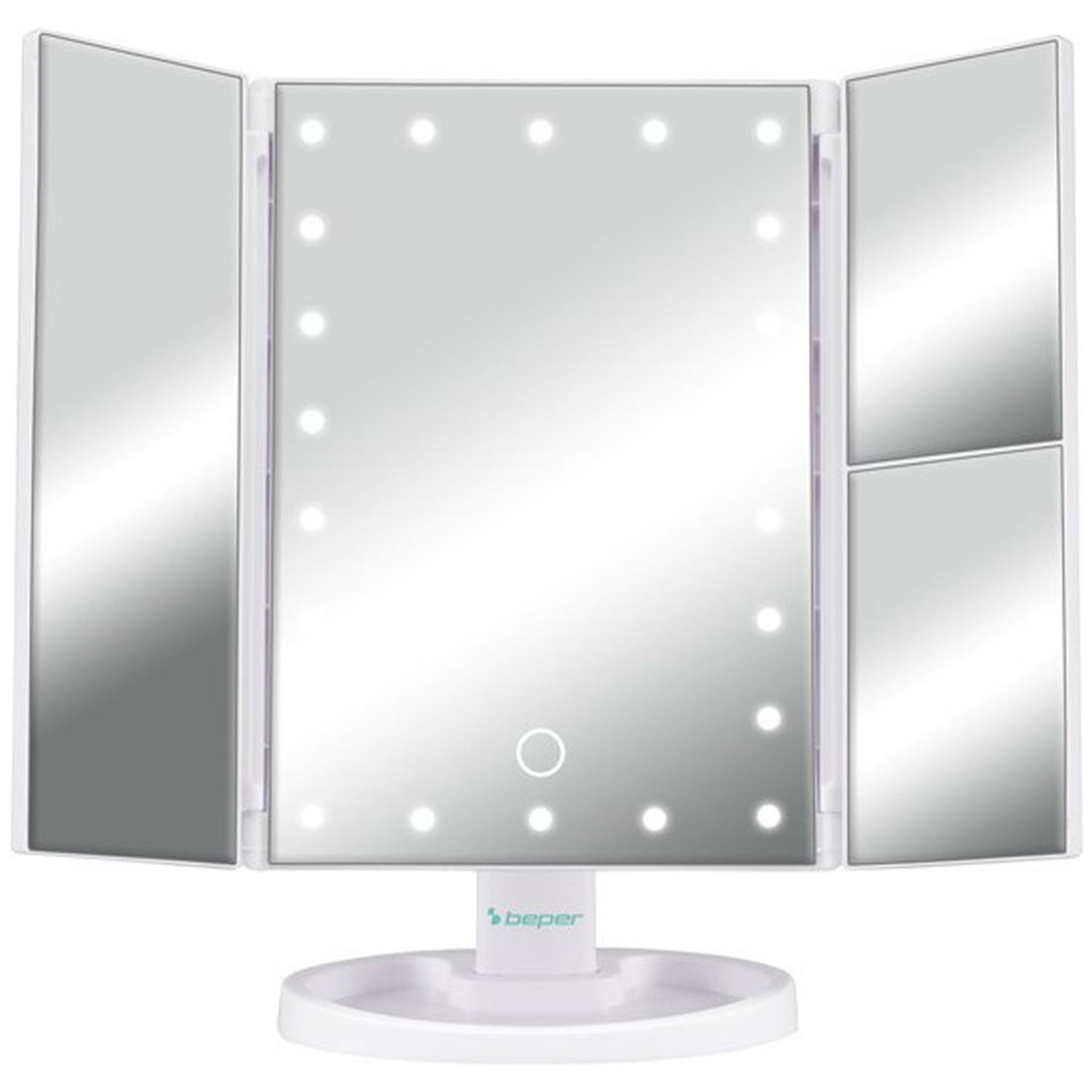 A white, tri-fold vanity mirror with LED lights. It has a base and the brand 'beper' is visible.