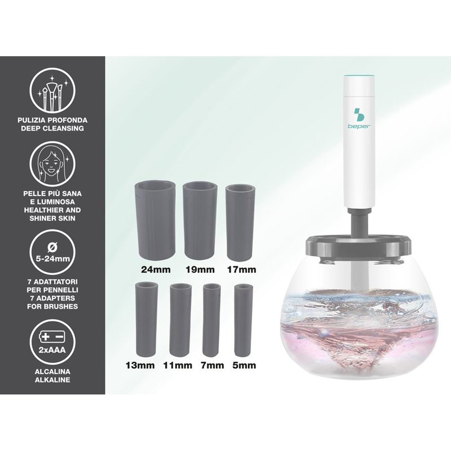 Image shows a brush cleaner with adapters, and text describing deep cleansing and healthier skin.