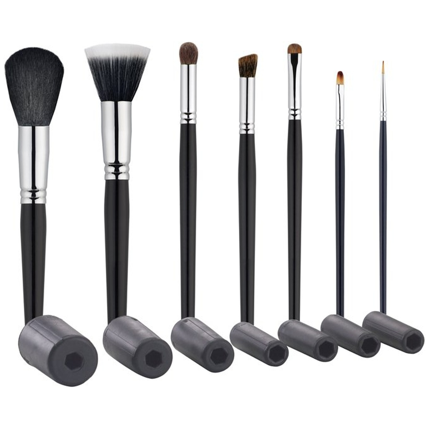 Seven makeup brushes with black handles and metal ferrules, standing on gray brush holders.
