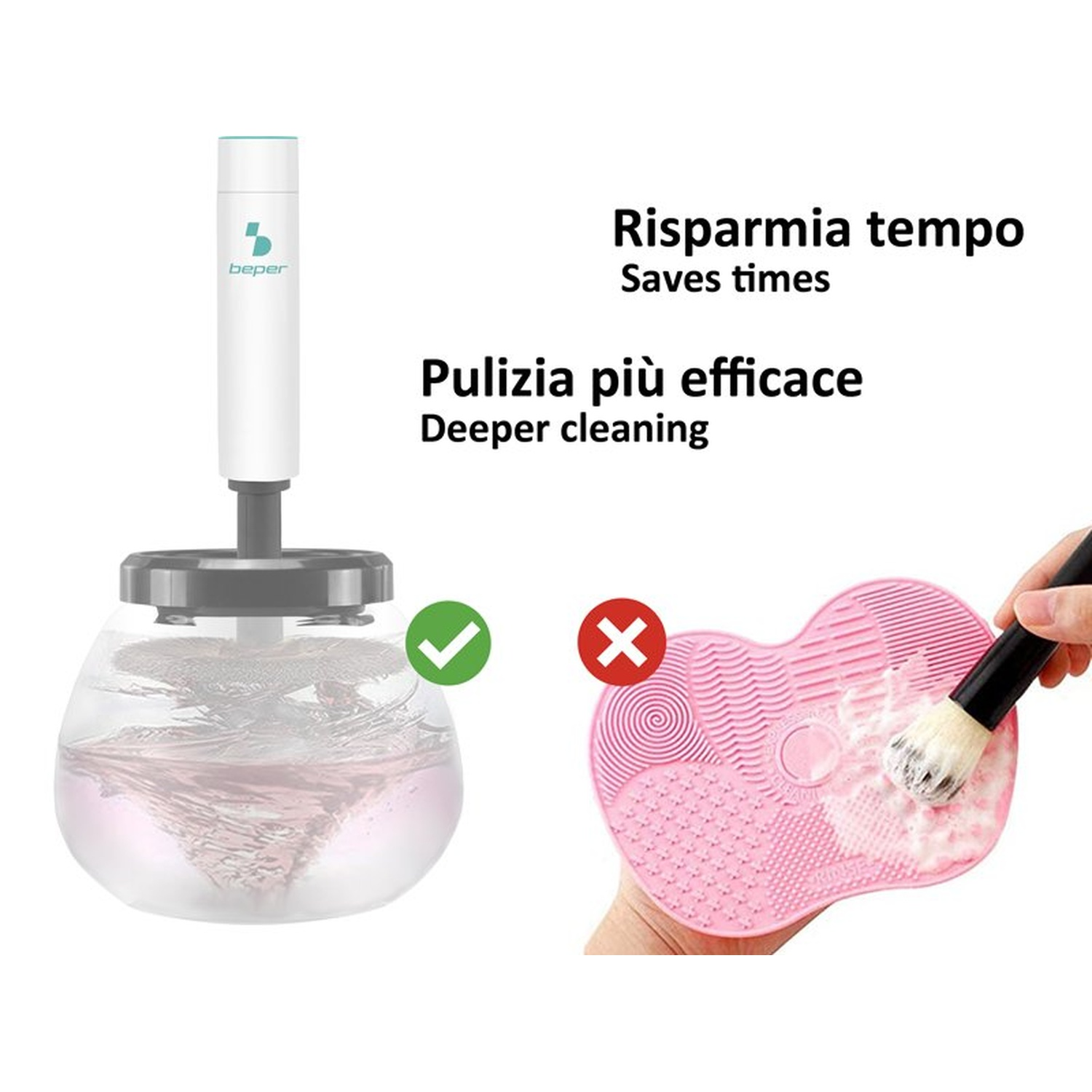 Image shows two methods for cleaning makeup brushes: a machine with a checkmark and a pink pad with a brush, marked with an X.