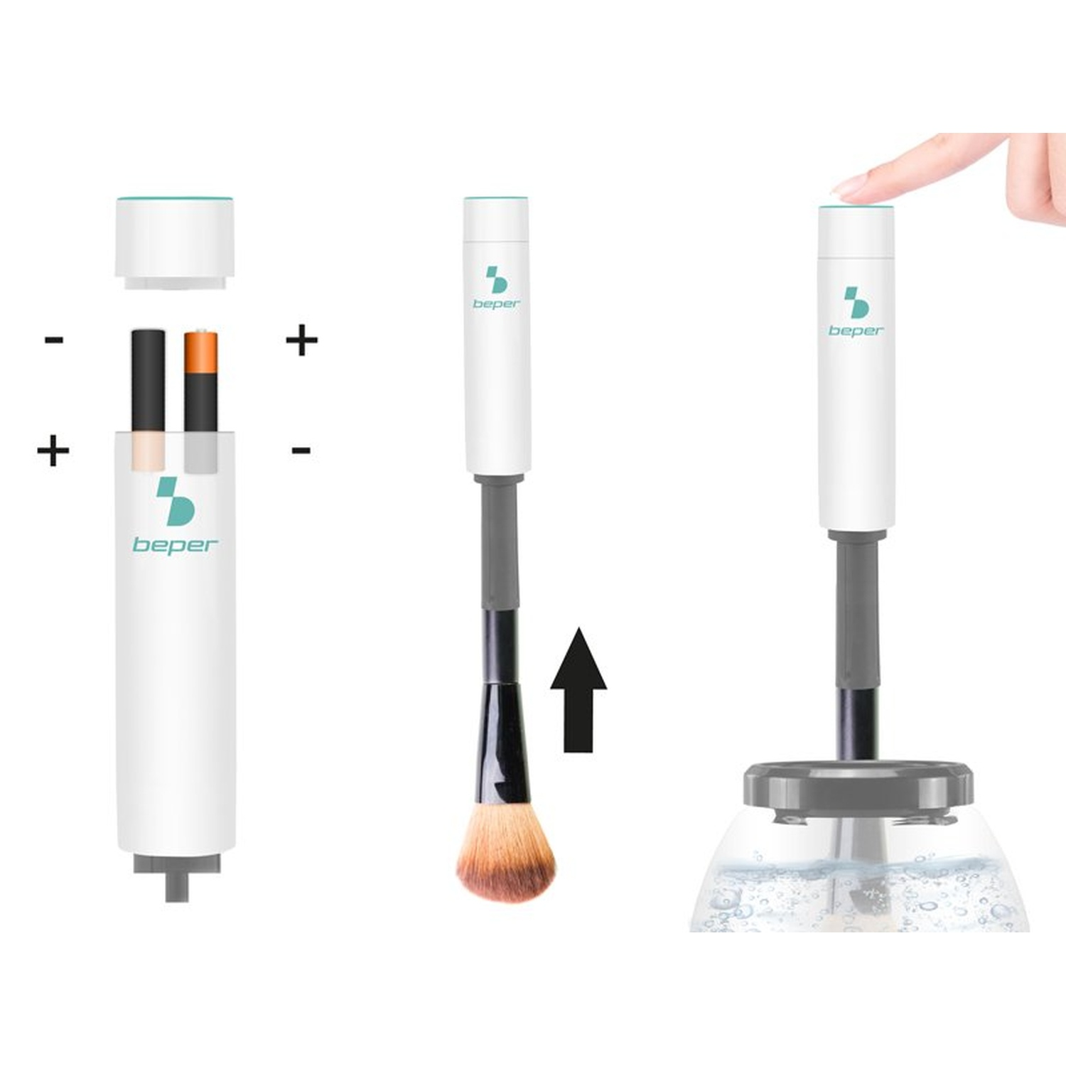 Makeup brush cleaner with components: batteries, brush, and water container. Hand pressing top button. White and gray design.