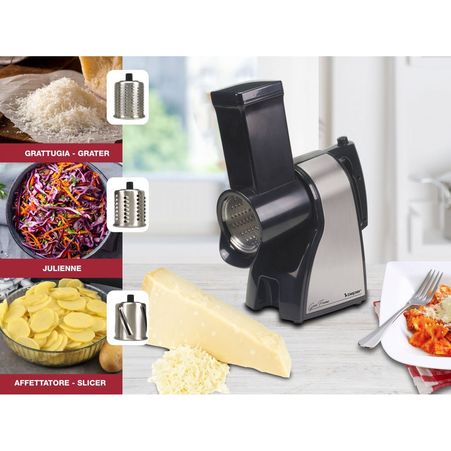 Elektrische rasp met kaas, pasta en groenten. Inclusief drie messen voor raspen, snijden en julienne. Parmezaanse kaas en kom.