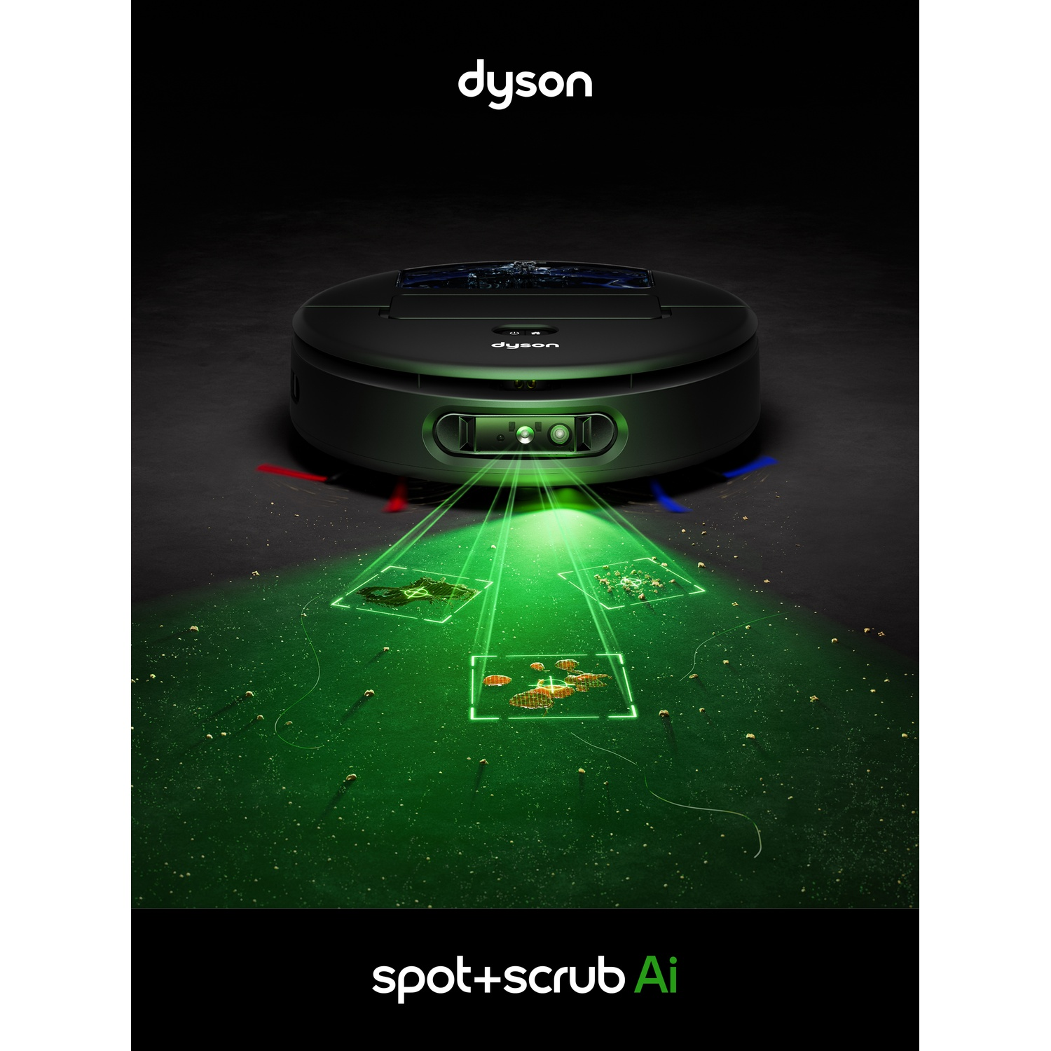 A Dyson robot vacuum cleaner. Green light scans the floor. Spot+scrub AI text.