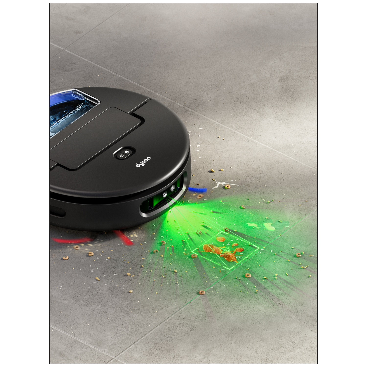 A black Dyson robot vacuum cleaner on a grey tiled floor, cleaning up scattered crumbs. Green laser beams highlight debris.