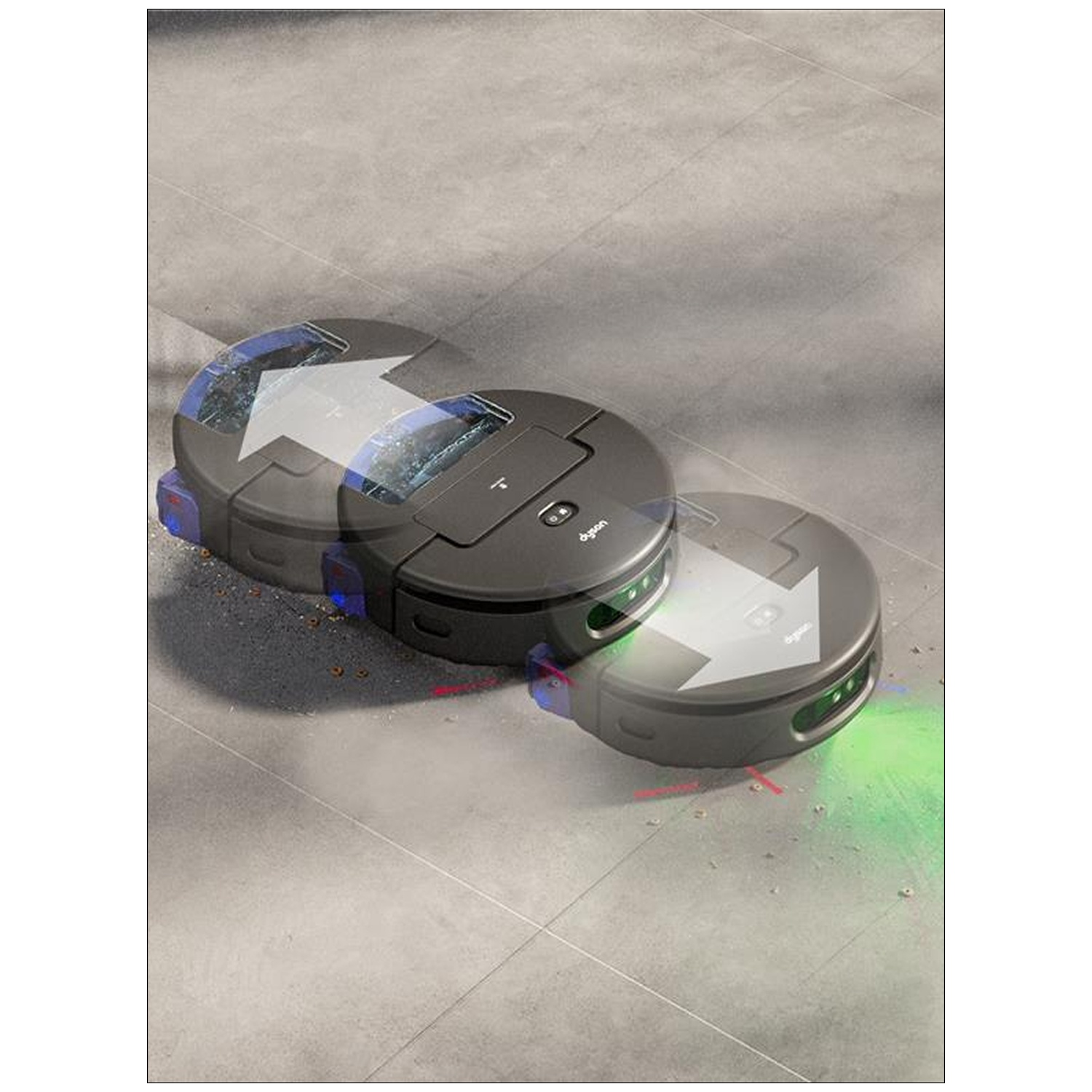Three robot vacuums move on a tiled floor. Arrows indicate movement. Green and red laser beams are visible.
