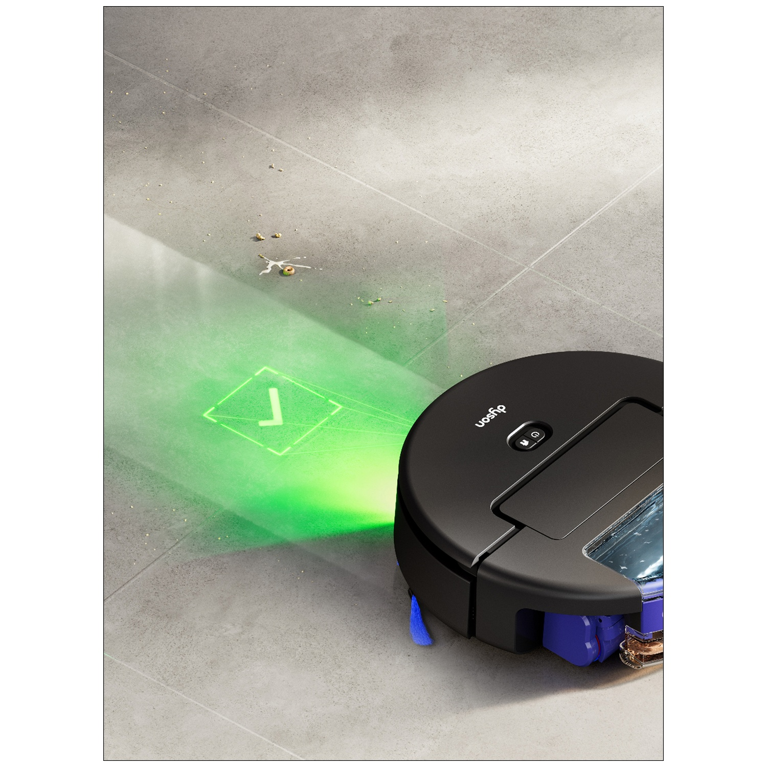 A black Dyson robot vacuum cleaner on a tiled floor. A green laser indicates the cleaning path. Debris is scattered nearby.